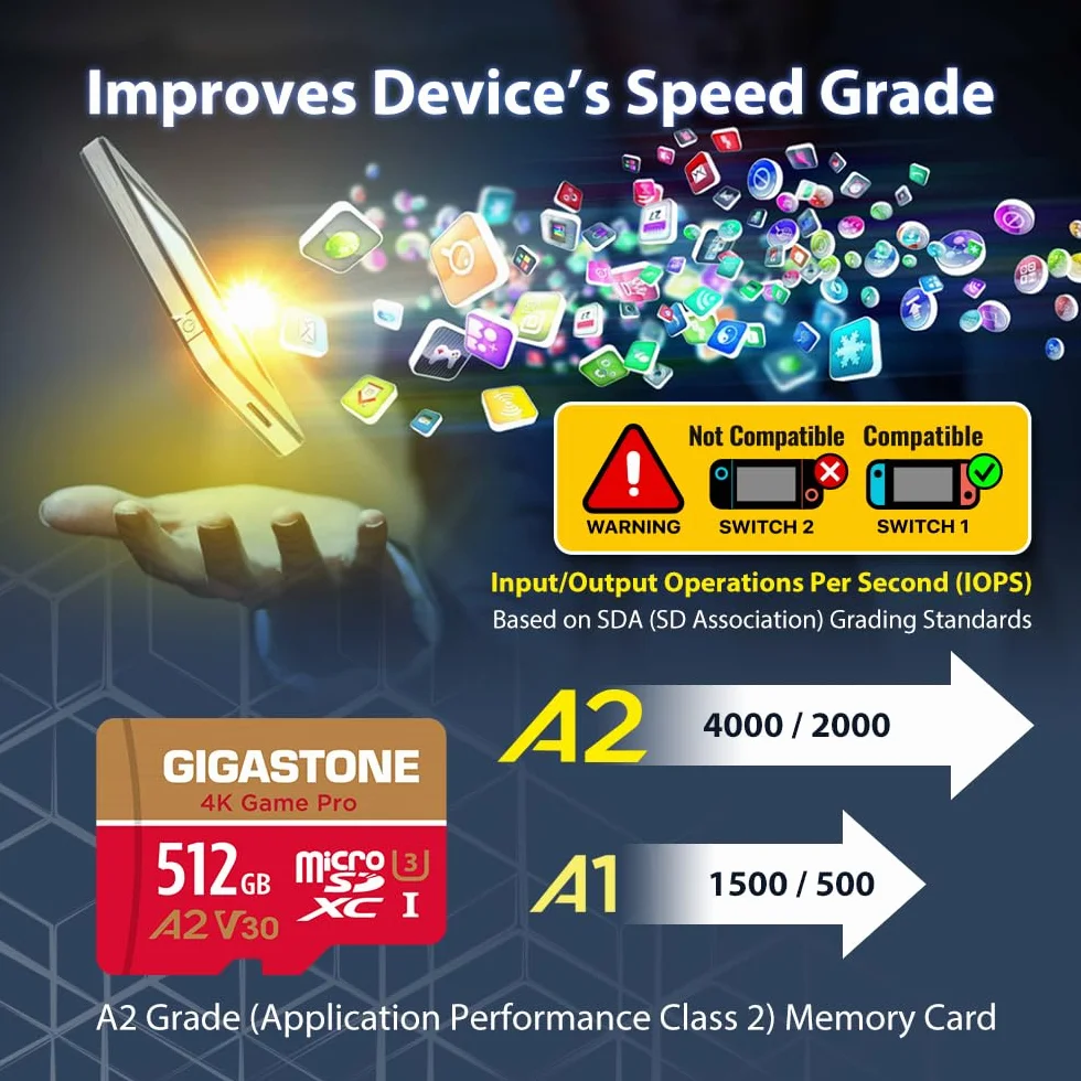 Gigastone Karta pamięci z serii 512 GB, 4K Game Pro, idealna do Nintendo Switch, duża prędkość do 100 MB/s. do 4K UHD Video Console do gier, A2 U3 V30 Micro SDXC z adapterem SD.