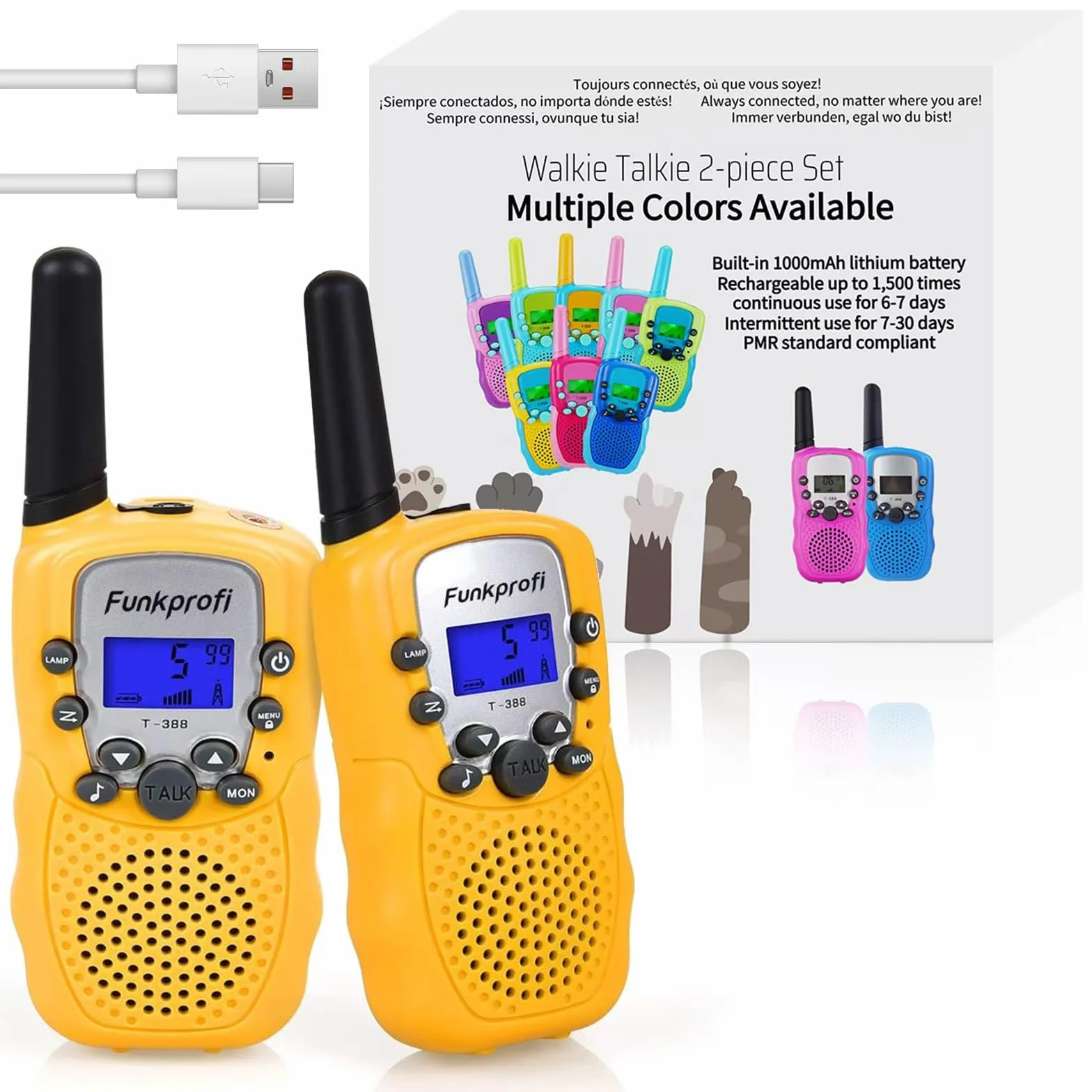 Zestaw Walkie Talkie T-388 PMR 446 dla dzieci 8 kanałów 3 km z akumulatorami żółty