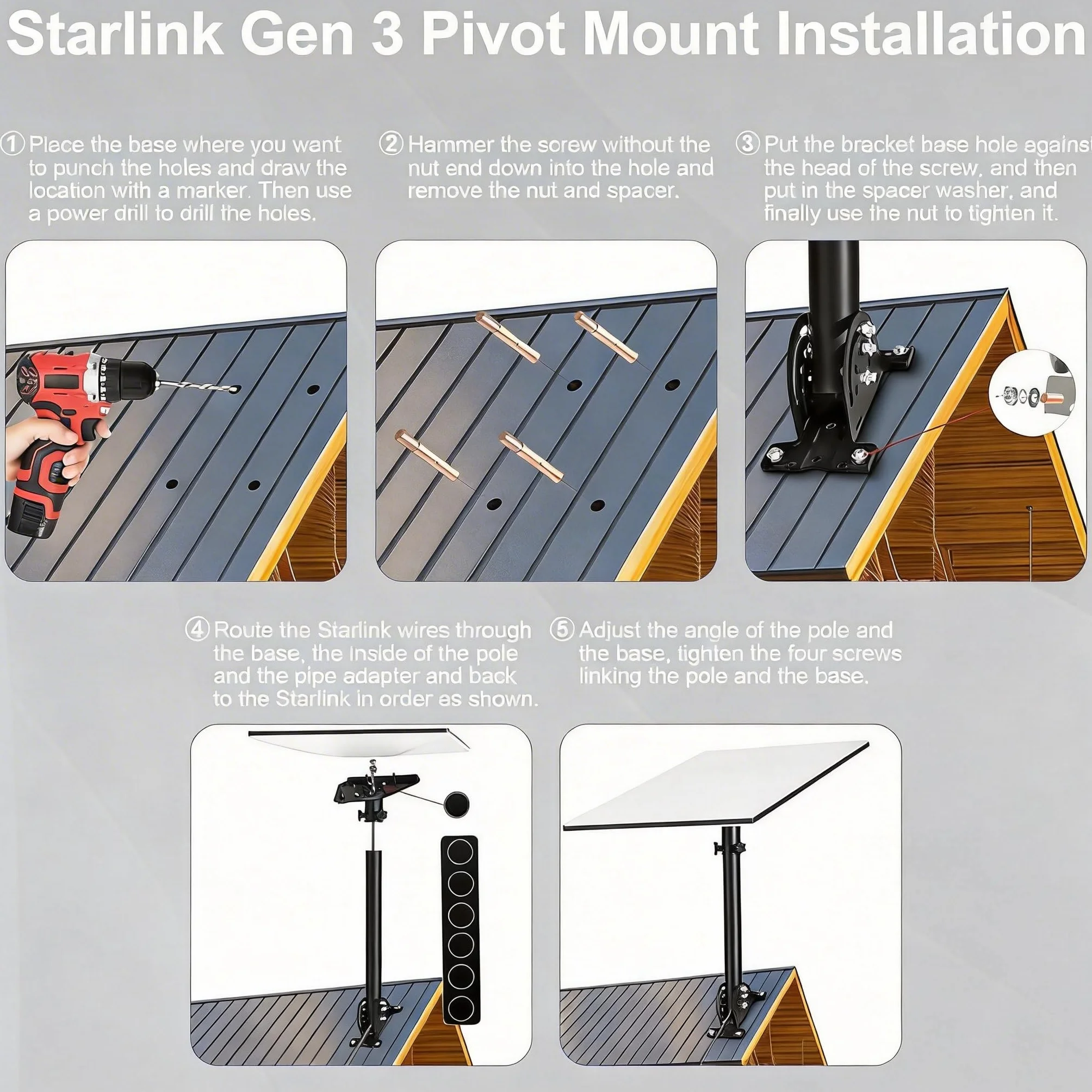 Starlink Gen 3 z adapterem masztu, metalowy wspornik regulowany 360° do montażu na ścianie i dachu, kompatybilny ze standardową anteną Starlink V3, kompletny zestaw zewnętrzny