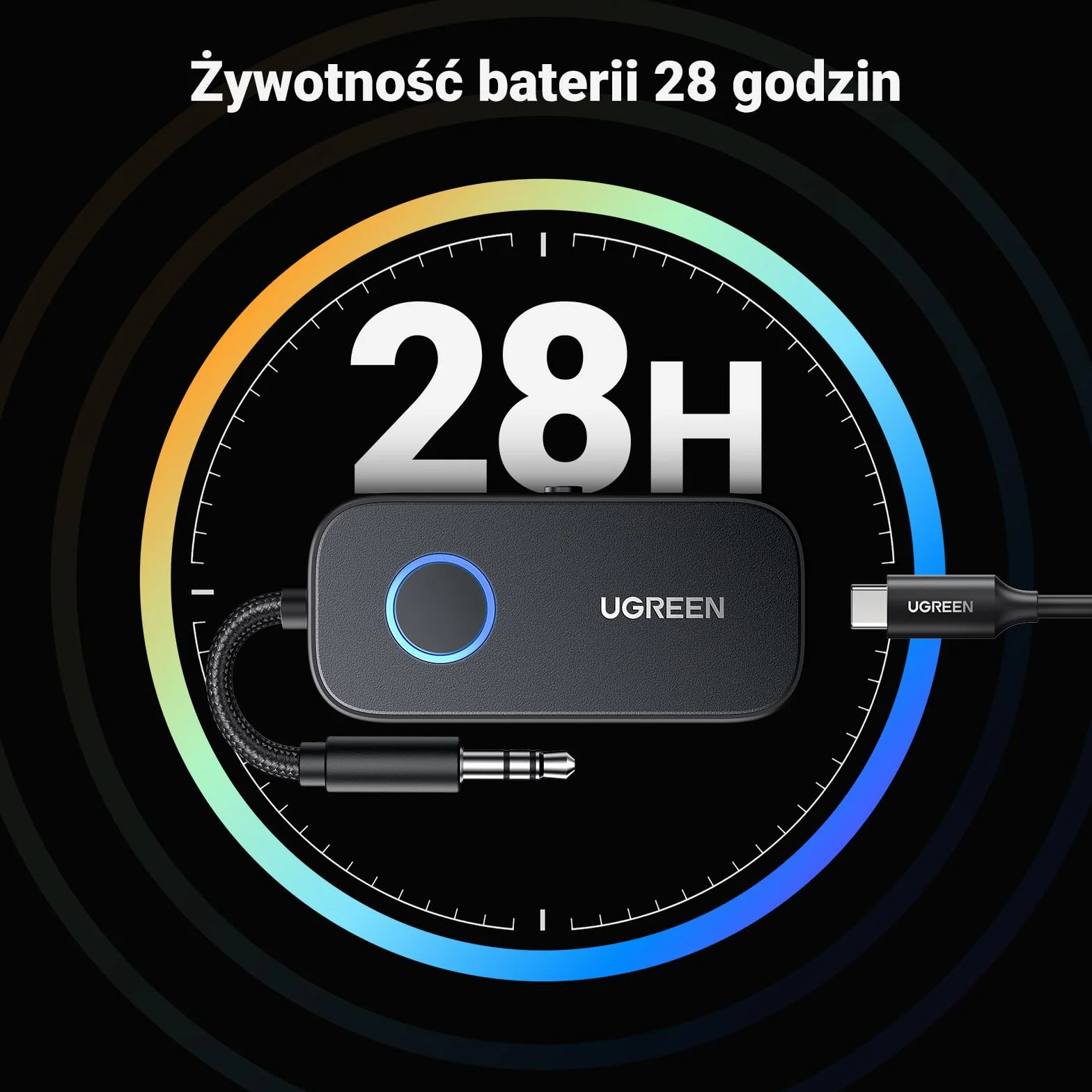 UGREEN Lotniczy aptX Bluetooth 5.3 Nadawca z Dodatkowym Podwójnym 3.5 mm AUX Adapterem, Adapter Bluetooth dla dwóch słuchawek, takich jak Airpods, 2 w 1 Bluetooth Nadawca i Odbiorca Kompatybilny z TV