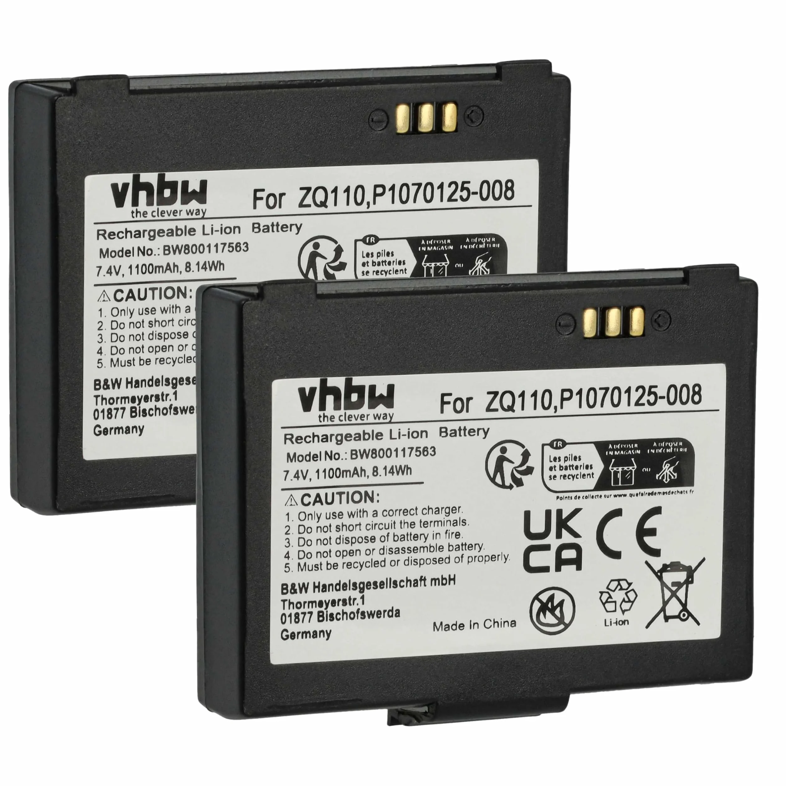 vhbw 2 x akumulator zamienny do Bixolon K409-00007A, PBP-R200 do skanera kodów kreskowych POS (1100 mAh, 7,4 V, litowo-jonowy)
