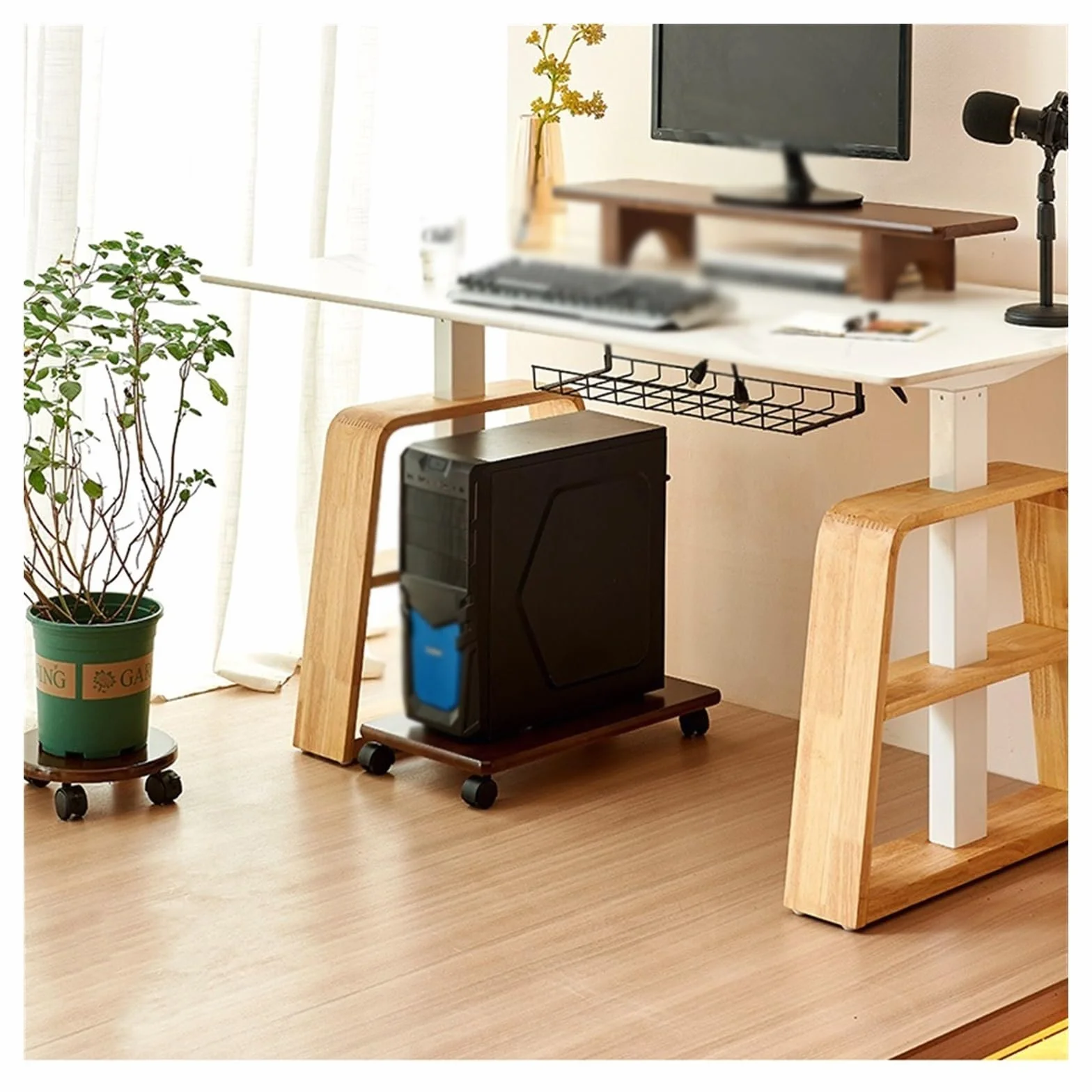 Stojak na komputer PC Tower Sand Under Desk, mobilny uchwyt na wózek procesora | Stojak podłogowy PC z 4 kółkami blokującymi pod biurkiem (naturalny, 52 x 28,5 cm)