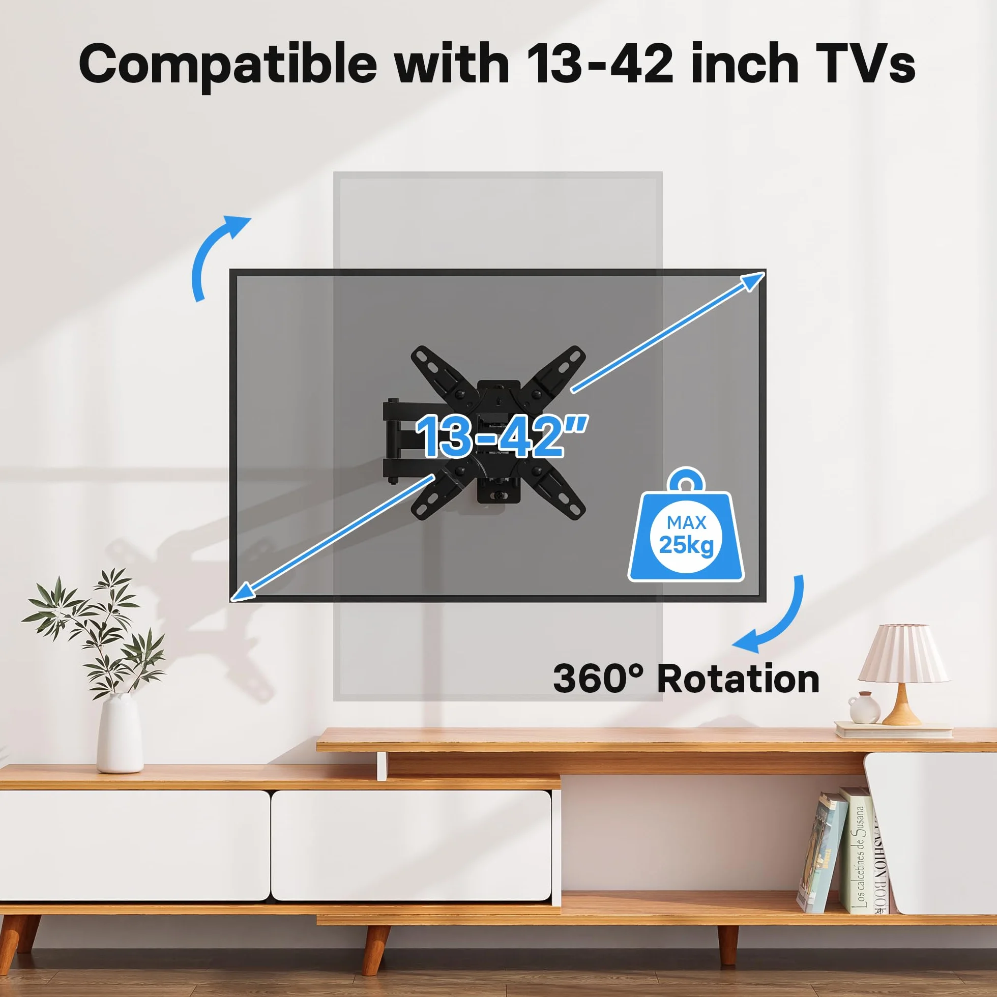 BONTEC Uchwyt ścienny do telewizorów 13-42 cale, 25 kg, VESA 200x200mm, pełny ruch, obrót 360°
