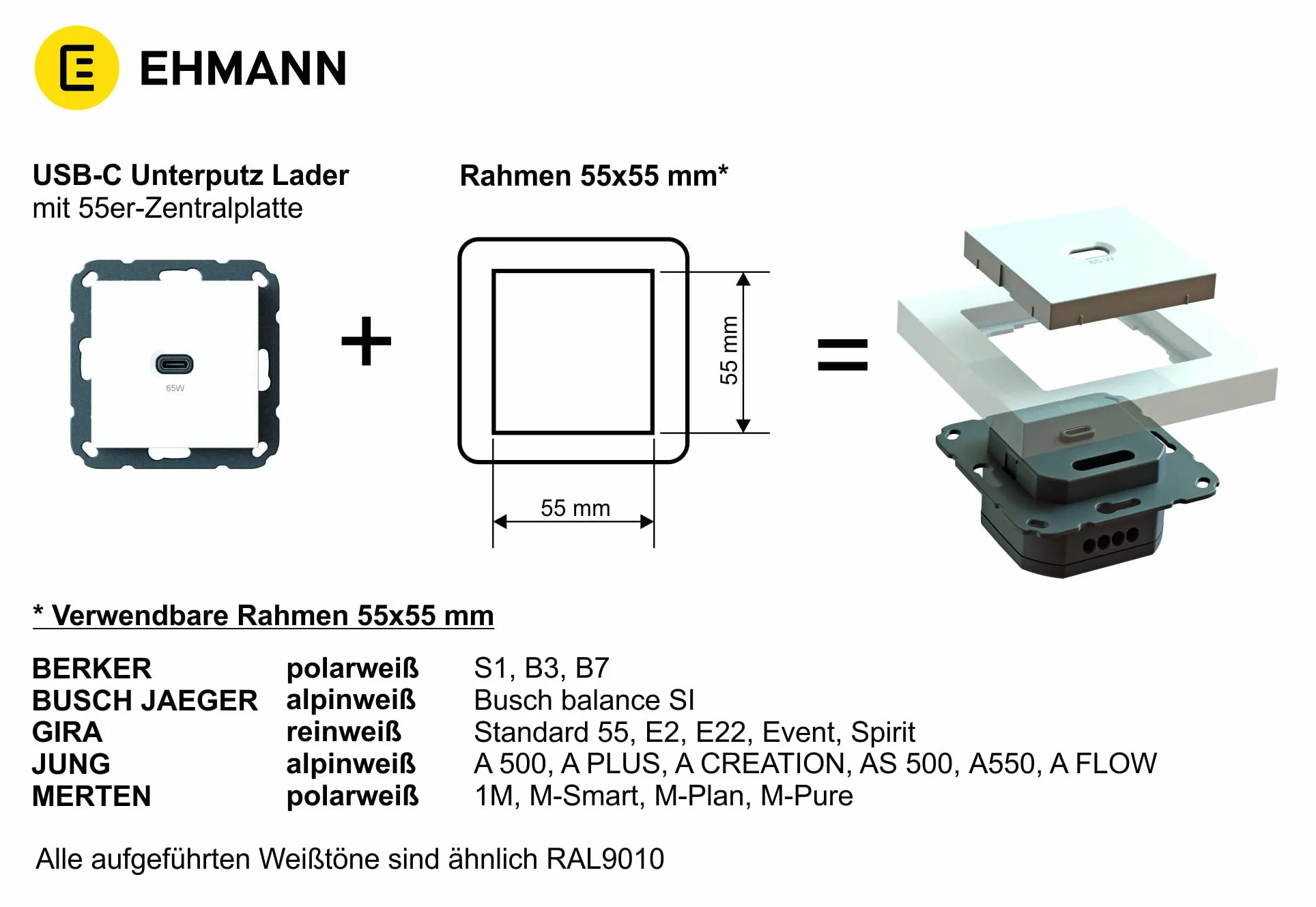 EHMANN 2 w 1 Bundle, wbudowana stacja ładująca USB, ładowarka USB-C 65 W, biały i kabel USB C/C, ładowanie (100 W) + transmisja danych (480 Mbps) + pomiar mocy (wyświetlacz cyfrowy), długość 3 m,