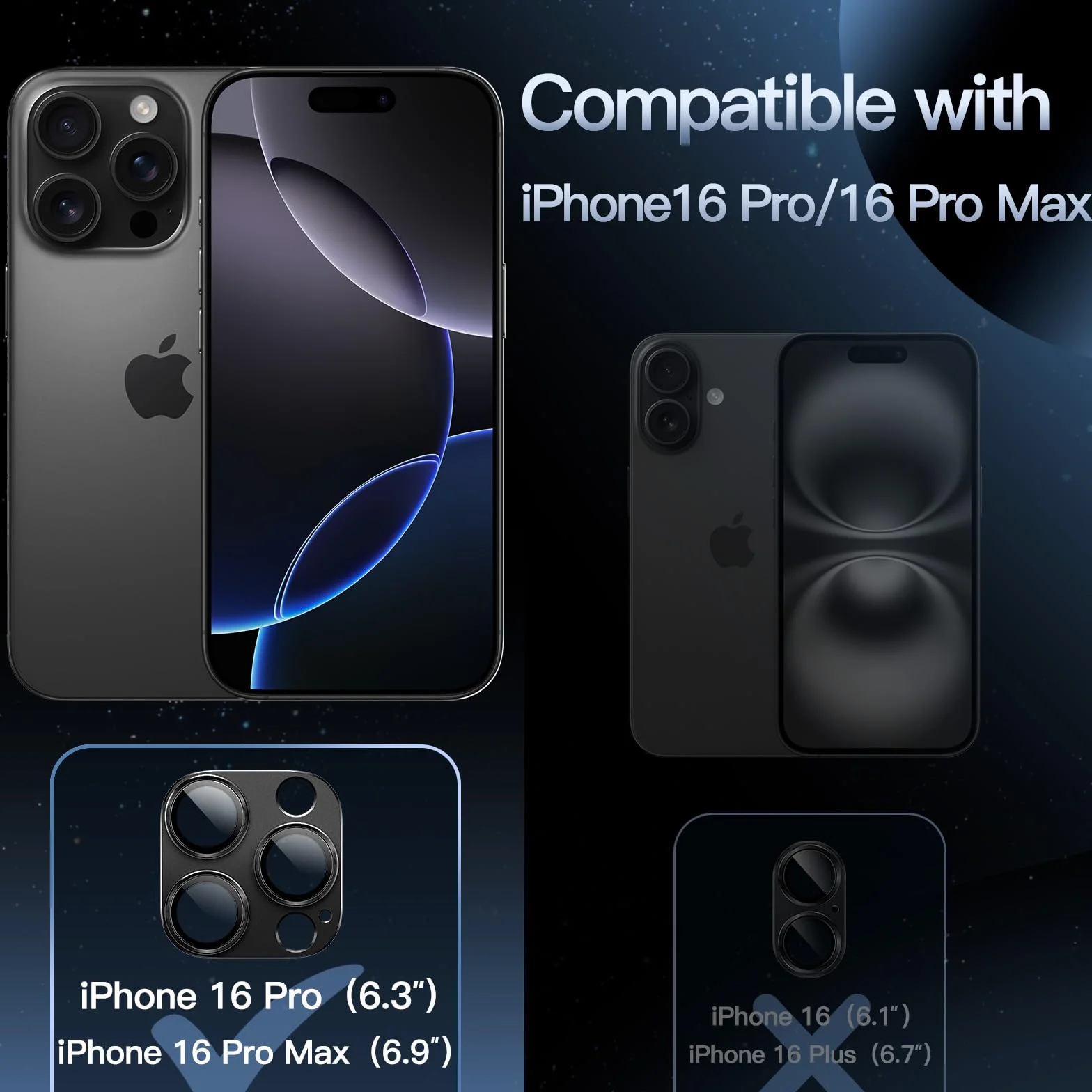 JETech Osłona Obiektywu Aparatu dla iPhone 16 Pro 6,3 Cala i iPhone 16 Pro Max 6,9 Cala, Pełna Pokrycie 9H Szkło Hartowane Osłona Pierścienia, Matowe Metalowa Płytka, 1 Sztuki (Czarny)