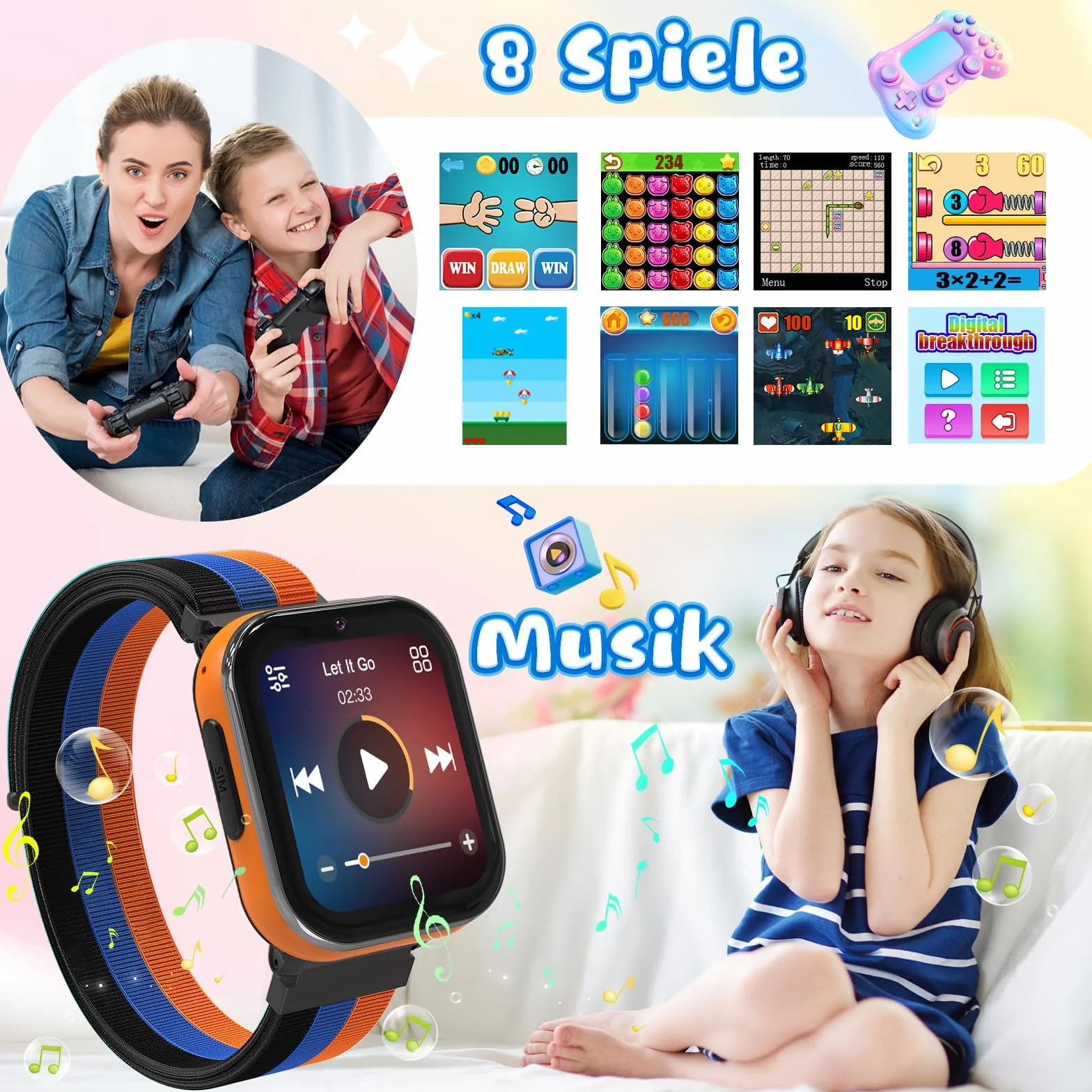 PTHTECHUS Smartwatch dla dzieci 4G, zegarek dziecięcy z funkcją połączenia telefonicznego, kilka stylów pulpitu do wyboru, dwukierunkowe połączenia, aparat, MP3, SOS, karta edukacyjna, prezent dla
