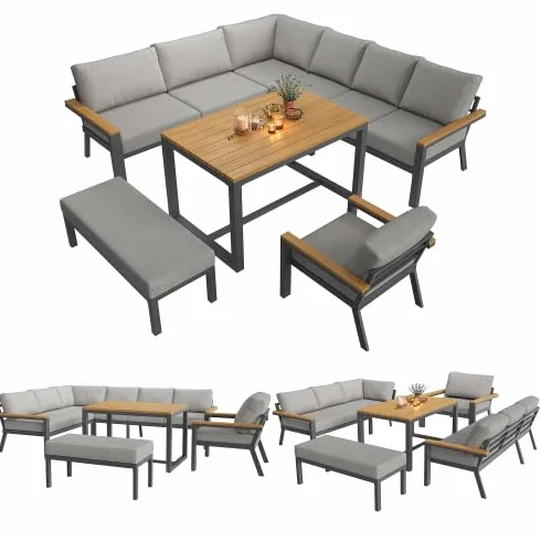 vutizal 8-osobowa modułowa sofa w kształcie litery L z 10 cm tapicerką, zestaw mebli ogrodowych na zewnątrz, meble tarasowe i balkonowe, ławka narożna, ręcznie tkana wiklina i stół WPC, płasko