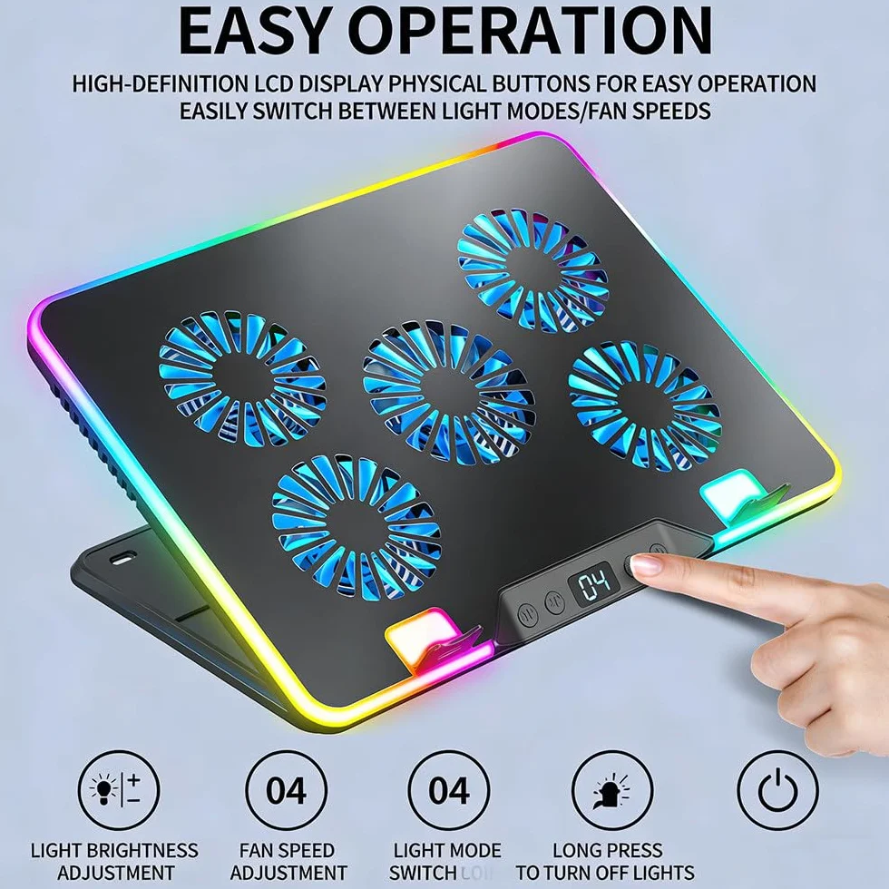 PodkłAdka ChłOdząCa Pod Laptopa Z 5 Cichymi Wentylatorami I OśWietleniem Rgb, WyśWietlacz Lcd, 4-Stopniowa PręDkość Wentylatora, 7-Stopniowa Regulacja WysokośCi Silver