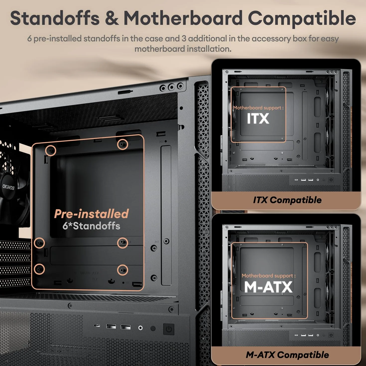 Okinos Drewniana obudowa Micro ATX, 4 × 120 mm 3-pinowe wentylatory bez PWM wstępnie zainstalowane, panel boczny ze szkła hartowanego, z type-C, czarny, cyprys 3 drewno