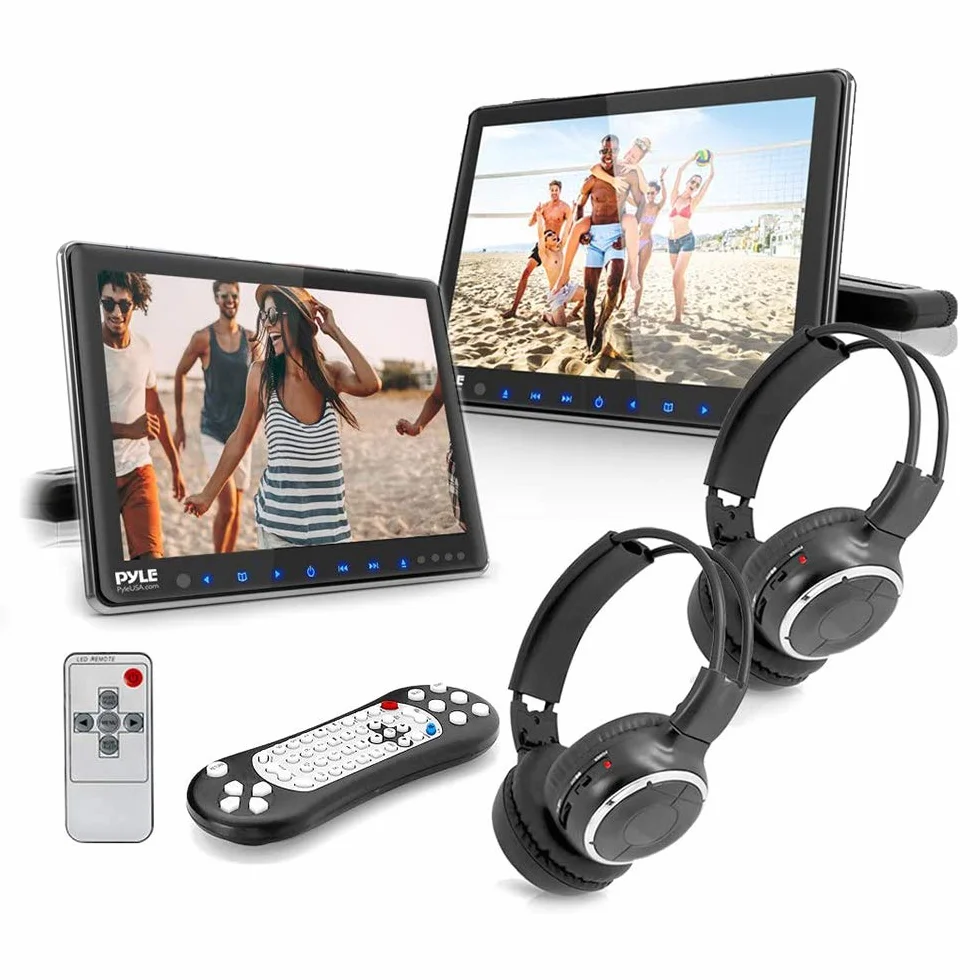 Pyle Podwójny odtwarzacz DVD na zagłówek samochodowy 9,4", multimedialny wyświetlacz LCD z bezprzewodowymi słuchawkami, HDMI, USB/SD, odtwarzacz CD/DVD, uniwersalny uchwyt i pilot zdalnego sterowania