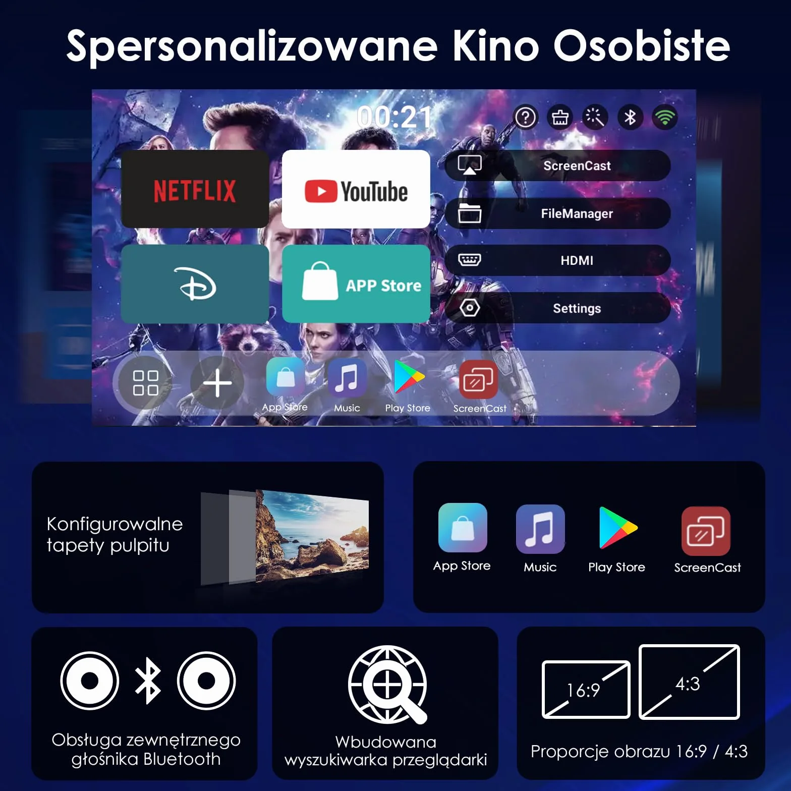 WOLFANG Projektor, Ulepszony Mini Projektor 2026, Projektor do Sypialni z Obsługą 1080P Full HD, WiFi 6 i Bluetooth 5.4, Obrót 180°, Kompatybilny z iOS/Android/TV Stick