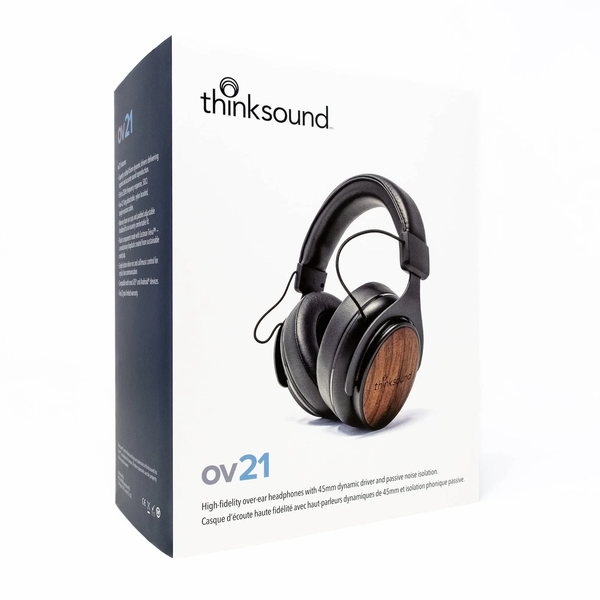 thinksound ov21 Przewodowe, zamknięte tylne słuchawki z mikrofonem – wykonane z drewna pozyskiwanego w sposób zrównoważony – stworzone dla entuzjastów muzyki, audiofilów, twórców podcastów i