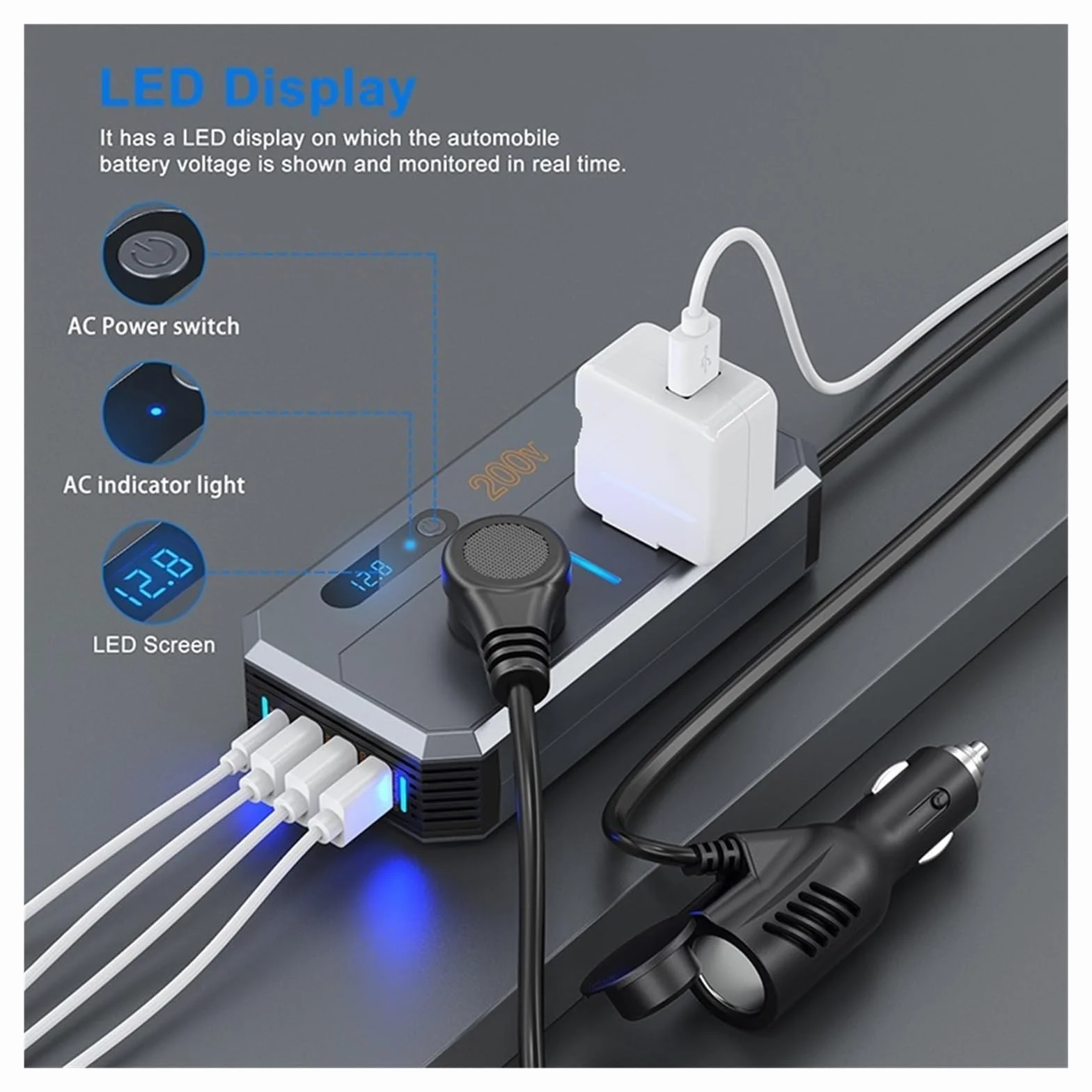 Falownik, 200W Inwerter samochodowy Zapalniczka samochodowa Szybkie ładowanie USB Konwerter zasilania Gniazdo PD Ładowarka samochodowa(7711-12V)