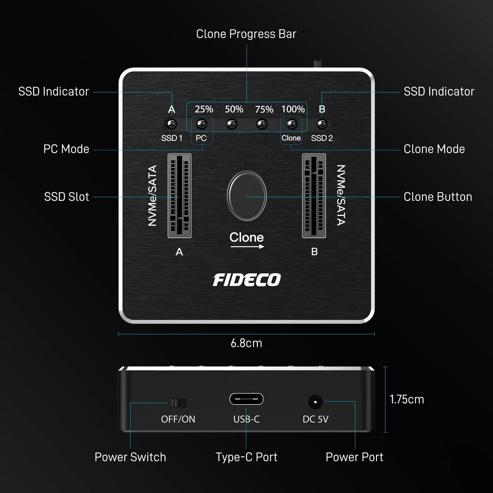 FIDECO Stacja dokująca M.2 NVMe SATA SSD, USB 3.2 Gen 2, podwójna stacja dokująca NVMe SATA SSD 20 Gb/s, obsługa klonu offline, UASP i TRIM, aluminiowa konstrukcja