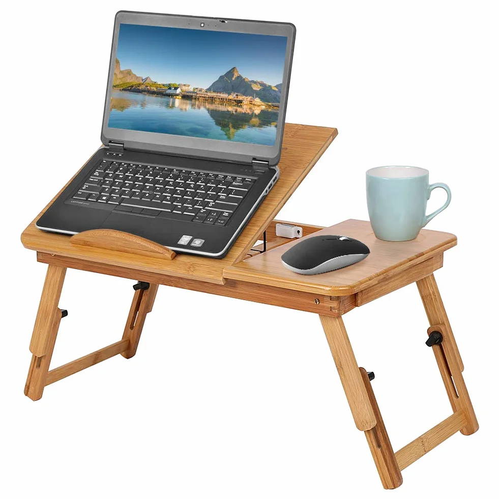 Ejoyous Bambusowy stolik na laptopa, regulowana składana wysokość Bambusowe łóżko lapdesk lapdesk z szufladą i otworami wentylacyjnymi
