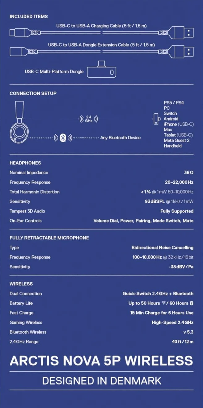 SteelSeries Arctis Nova 5P - Słuchawki wi-fi do gier - Neodymowe przetworniki magnetyczne - Ponad 100 ustawień wstępnych dźwięku - 60 godz baterii - 2,4 GHz lub BT - Mik. Gen2.X – PS5, PS4, PC,mobile