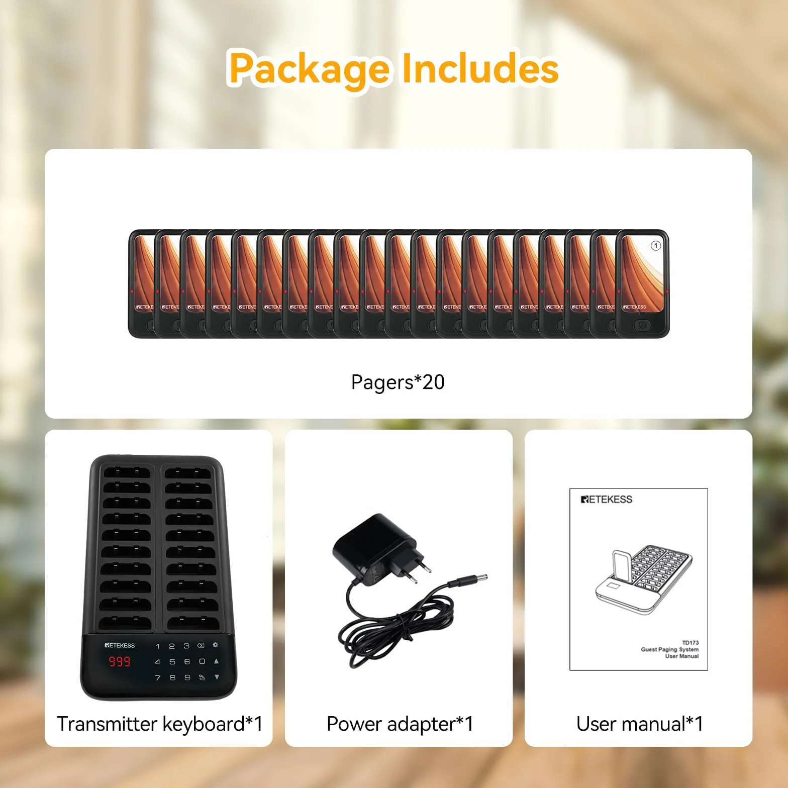 Retekess TD173 Pagery w Restauracji, Bezprzewodowy System Przywoławczy, 20 Pagerów, 500M na Zewnątrz, 7 Trybów Zachęty, Rejestracja Połączeń, 998 Kanałów, dla Bistro, Hotelu, Food Trucka