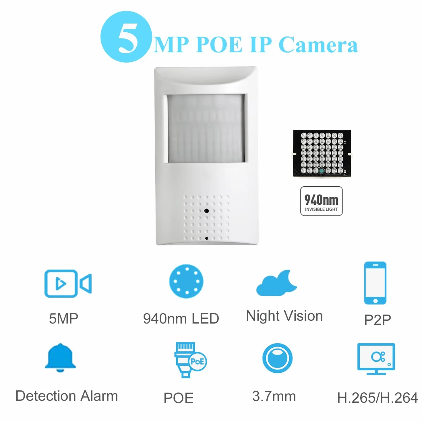 PIR Pinhole POE kamera IP, HD 5 MP kamera do monitoringu wewnętrznego P2P 3,7 mm obiektyw 940 nm niewidoczny 48 diod LED IR widoczność w nocy kamera CCTV H.265 (IPIR-POE biała)