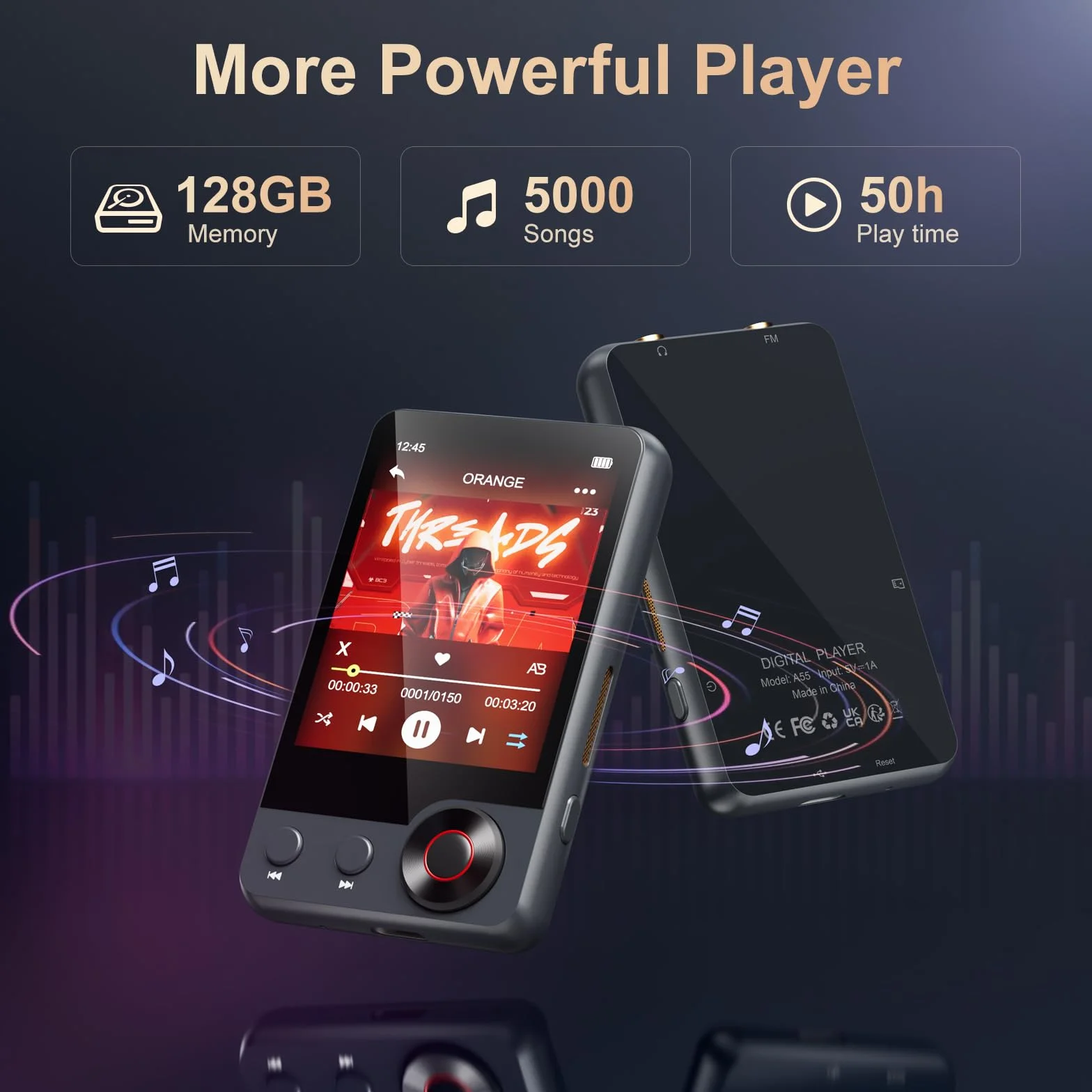 Odtwarzacz MP3 128 GB z Bluetooth 5.3, Przenośny odtwarzacz muzyczny z pełnym 2,4 cala, odtwarzacz MP3 z radiem FM, nagrywaniem głosu, słuchawkami