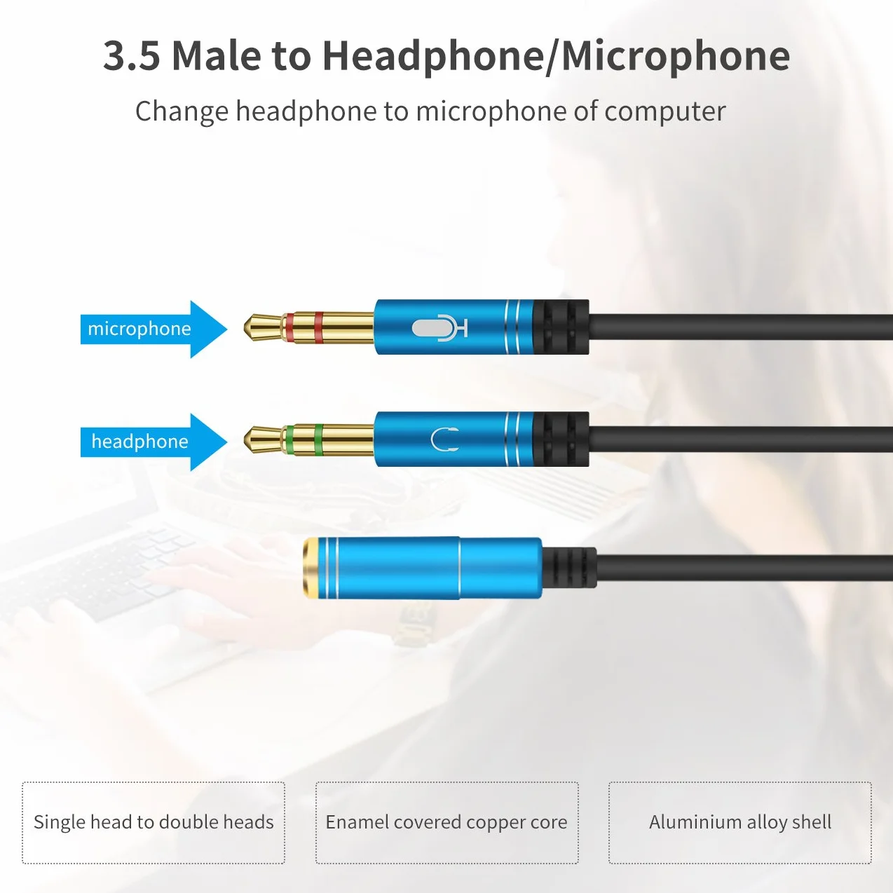 Adapter rozdzielacza kabla słuchawkowego Y do komputera 3,5 mm żeński na 2 podwójne 3,5 mm męskie, pozłacany, odporny na korozję, mikrofon audio, kabel Y do zestawu słuchawkowego, podłączenia do