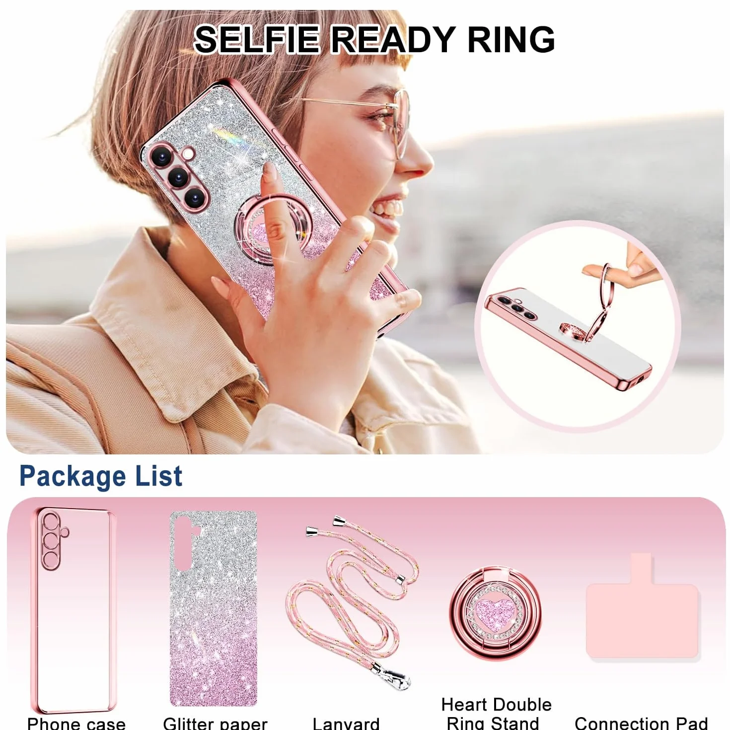Tawarror Błyszczące etui ze sznurkiem do Samsung Galaxy A56 5G, Galvanisée silikonowe etui z sercem miłości, podwójny uchwyt na pierścień i regulowany naszyjnik pasek na szyję, różowe złoto