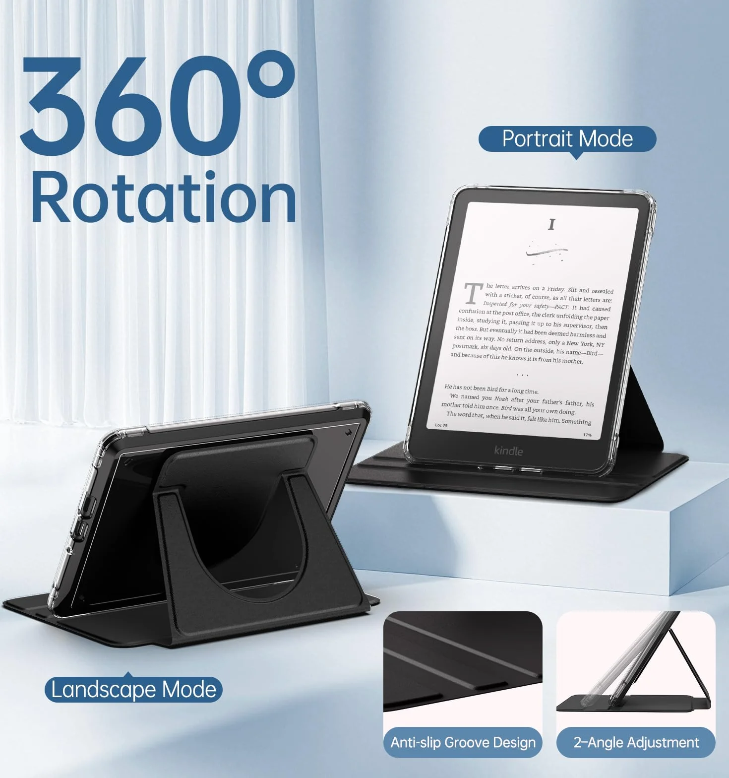 MoKo 360° Rotating Case for 7" eBook Reader 12th Generation 2024, Clear Back Detachable Magnetic Protective Adjustable Stand Cover with Auto Wake/Sleep, Not for TCL Remarkable Kobo, Silk Black