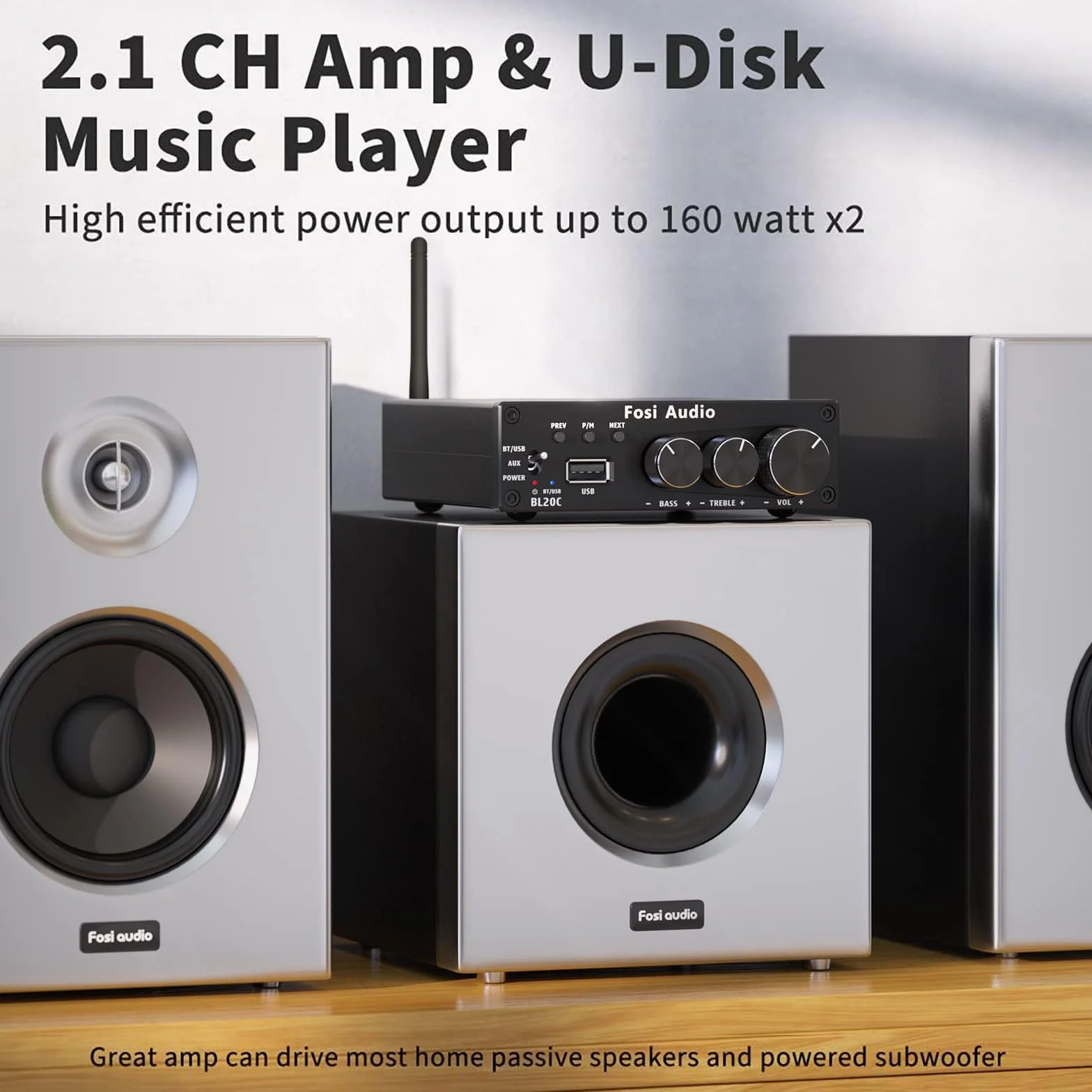 Fosi Audio BL20C 320 W Wzmacniacz odbiornika audio stereo Bluetooth 5.0 2.1 CH Mini Hi-Fi klasy D TDA7498E Wzmacniacz zintegrowany Odtwarzacz U-Disk do domowych głośników pasywnych Zasilany subwoofer