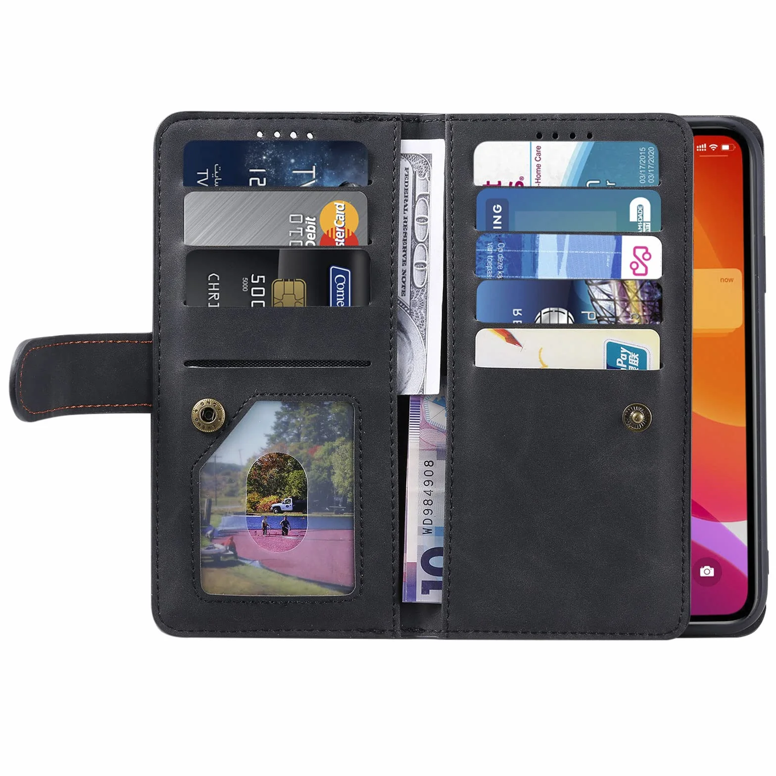 Etui do iPhone 14/14 Pro/14 Plus/14 Pro Max, skórzane etui na telefon komórkowy, portmonetka ochronna, portfel z 9 przegródkami na karty, etui z klapką, odporne na uderzenia, czarne, 35,5 cm (6,1")