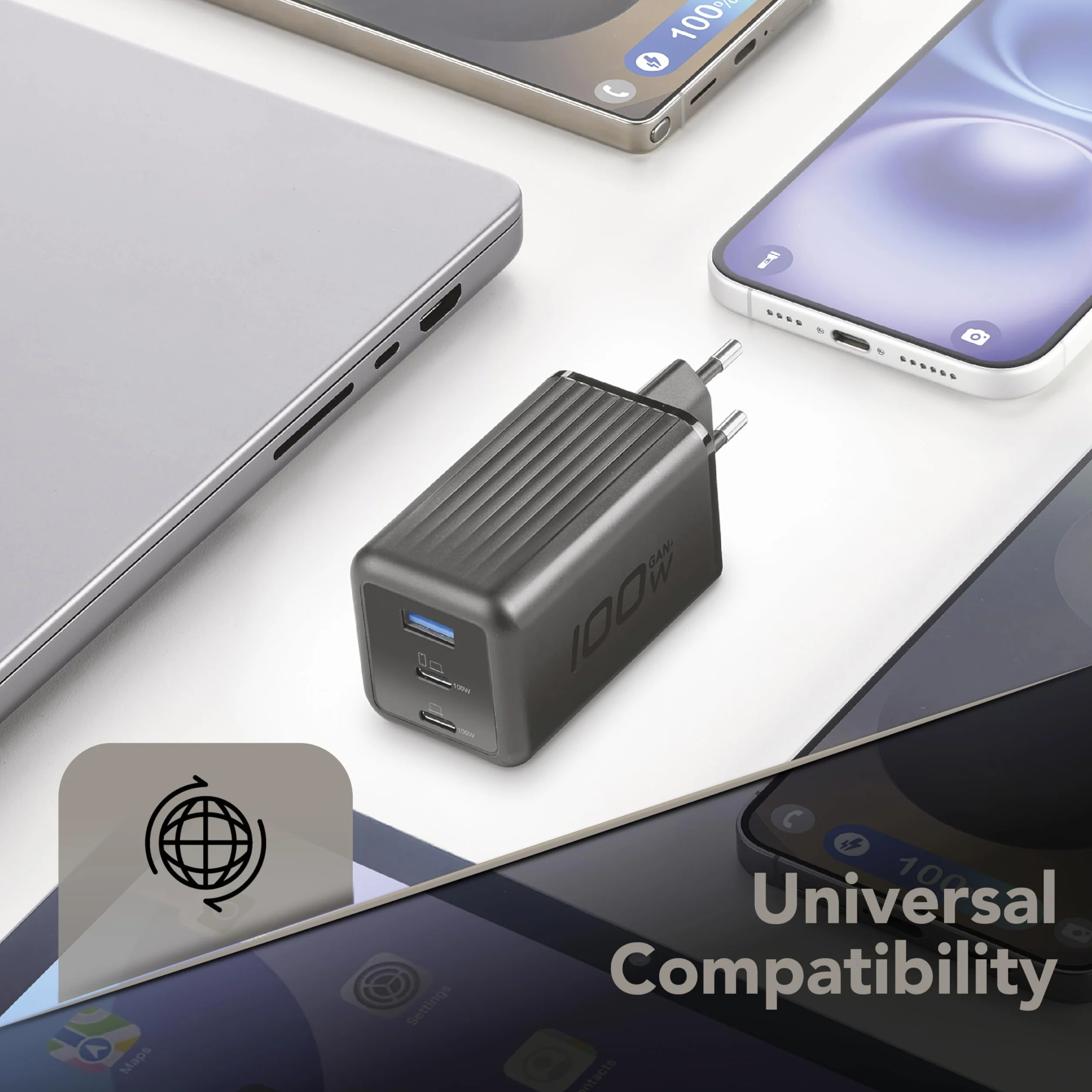 Cellularline GaN+ Multipower ładowarka sieciowa 100 W z 2 portami USB-C Power Delivery, 1 x USB-A Quick Charge 30 W, ładowanie jednocześnie, kompaktowa, czarna