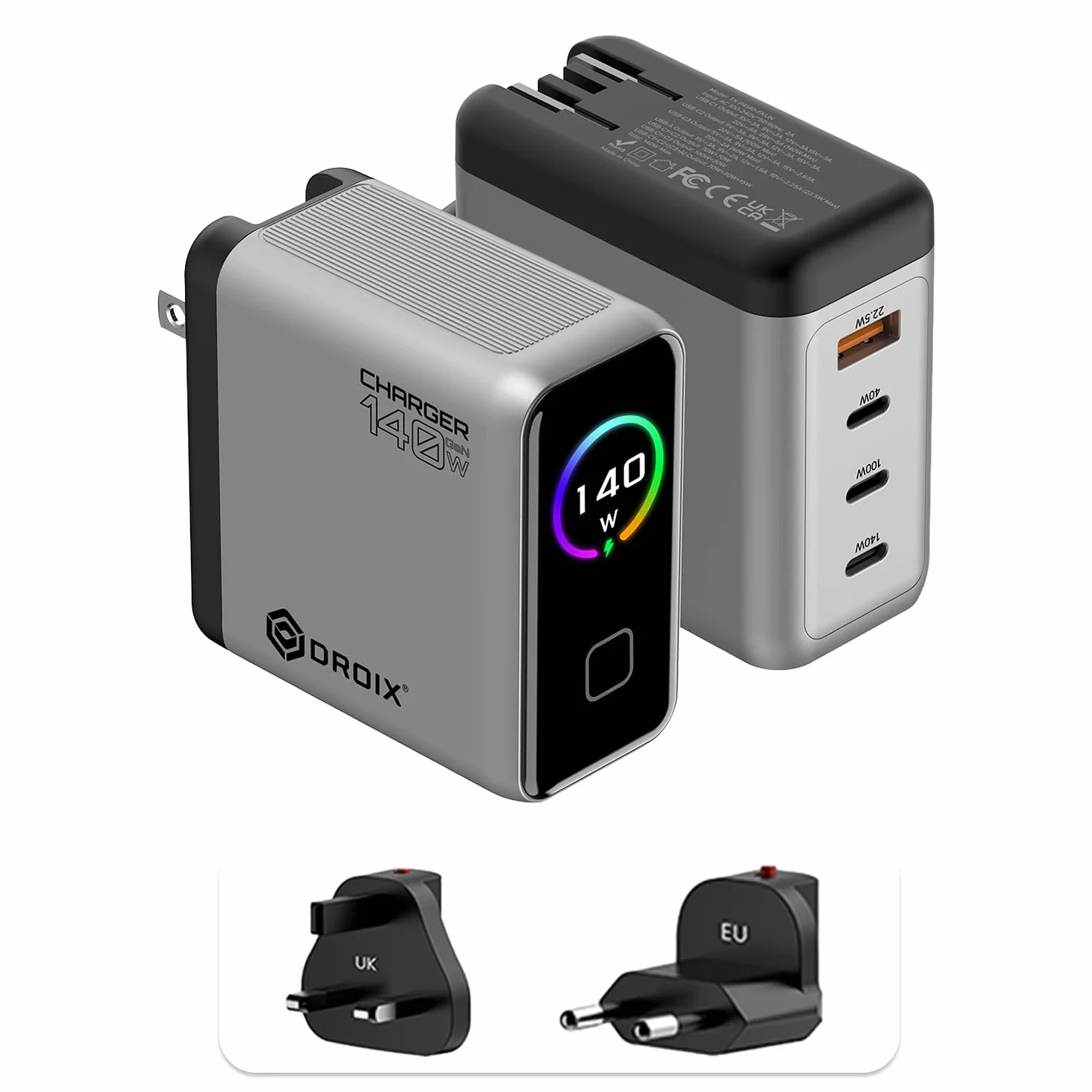 DROIX 140 W USB-C GaN ładowarka: 4-portowa stacja PD 3.1 z wyświetlaczem LCD i adapterami podróżnymi (US/UK/UE). Kompatybilna z MacBook Pro, iPhone, Android. [Biała]