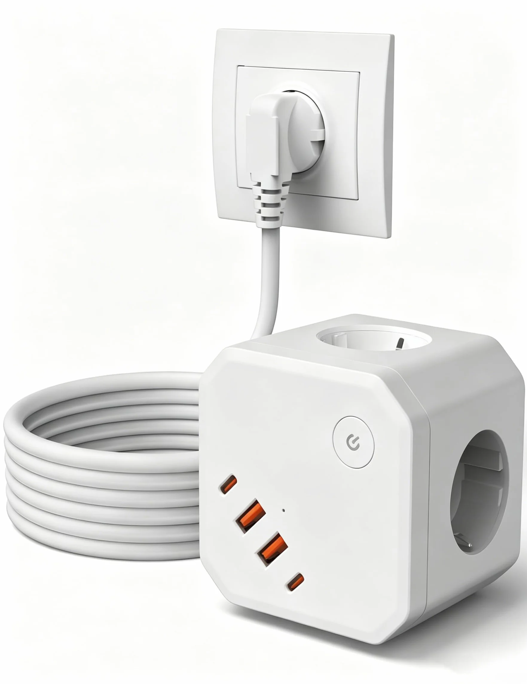 Listwa zasilająca 8 w 1 z 4 gniazdami USB, szybkim ładowaniem USB C 20 W, zabezpieczeniem przeciwprzepięciowym, mocą 4000 W i kablem przedłużającym 2M