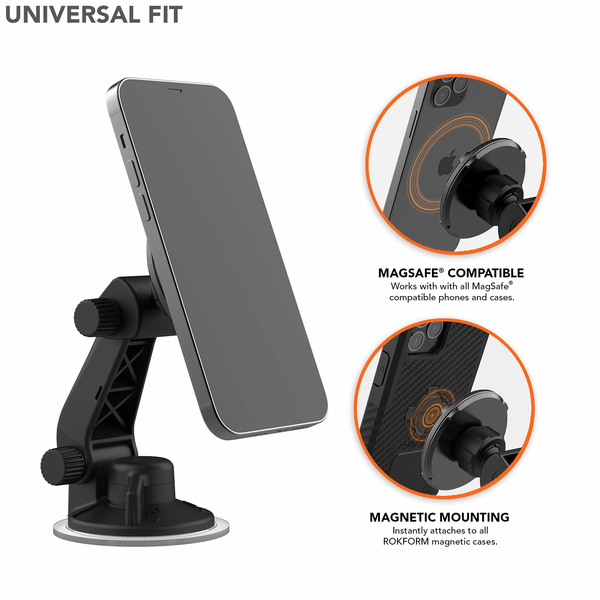 Rokform - Regulowany magnetyczny uchwyt na telefon do przedniej szyby, kompatybilny z obudowami Rokform i etui na telefon MagSafe, mocna przyssawka, nachylenie o 210°, obrót o 360°