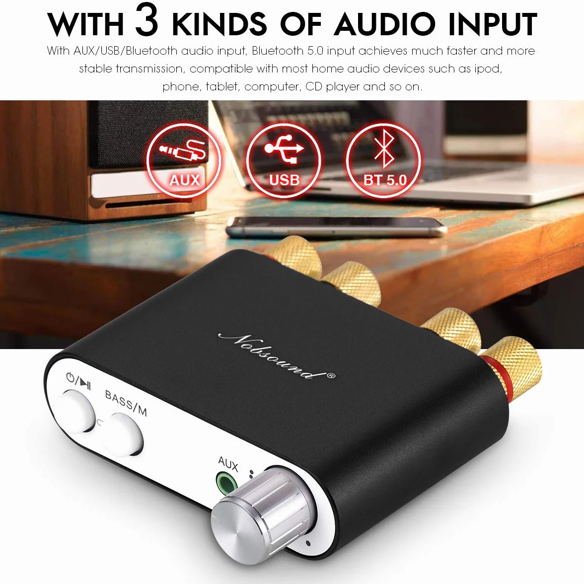 Nobsound NS-10G Mini wzmacniacz cyfrowy Bluetooth 5.0-100 W, z zasilaczem, czarny