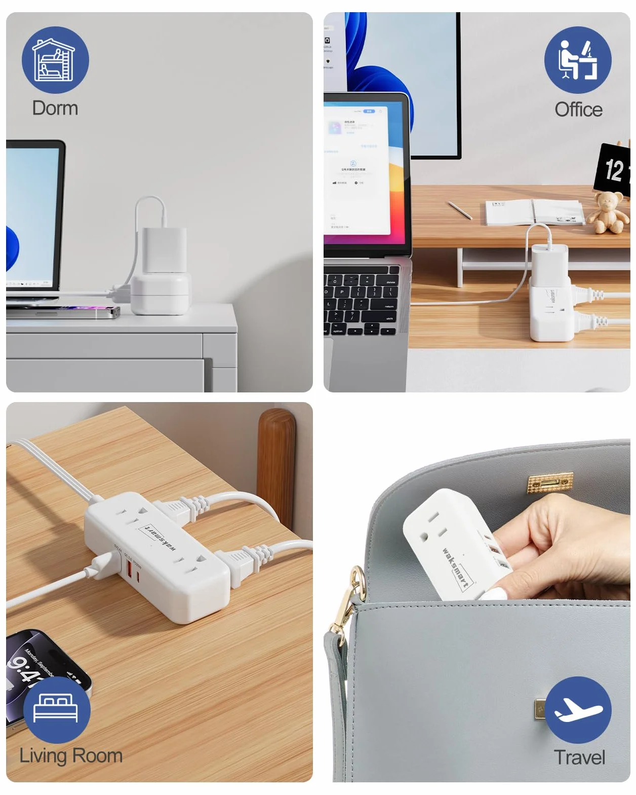 PD20W płaska listwa zasilająca, 3 nóżki, 4 wyjścia AC, 3 porty USB do szybkiego ładowania, kompaktowa płaska wtyczka ścienna do akademika, podróży, domu, biura i