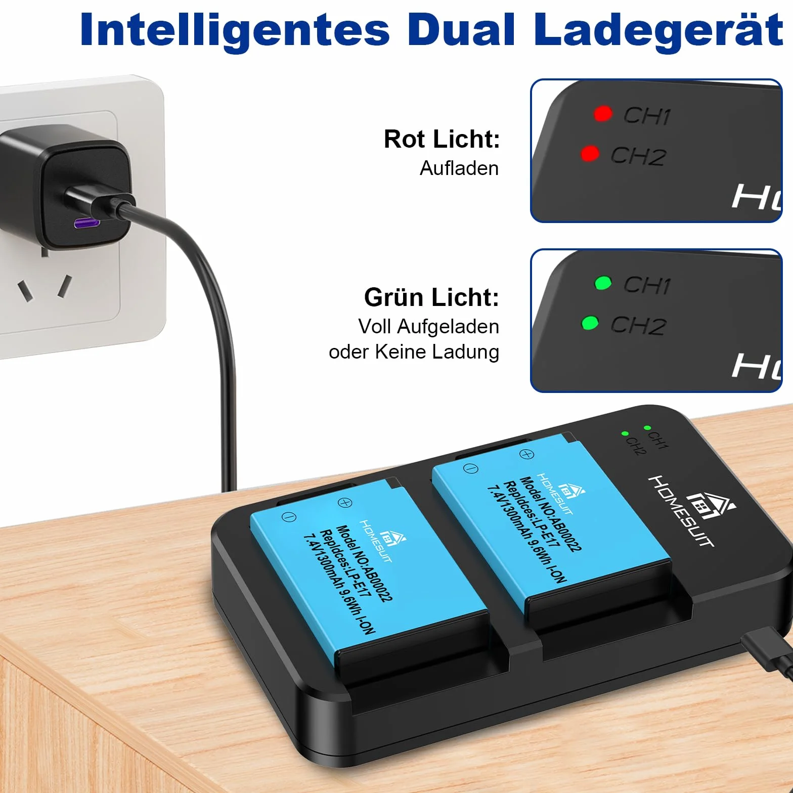 Homesuit Zestaw 2 baterii LP-E17 1300 mAh i typ C LED Dual ładowarka zestaw do Canon EOS RP, R8, R10, R50, R100, M3, M5, M6, 200D, 77D, 750D, 760D, 800D, 8000D, Rebel SL3, SL2, T8i, T7i, T660D, 800D