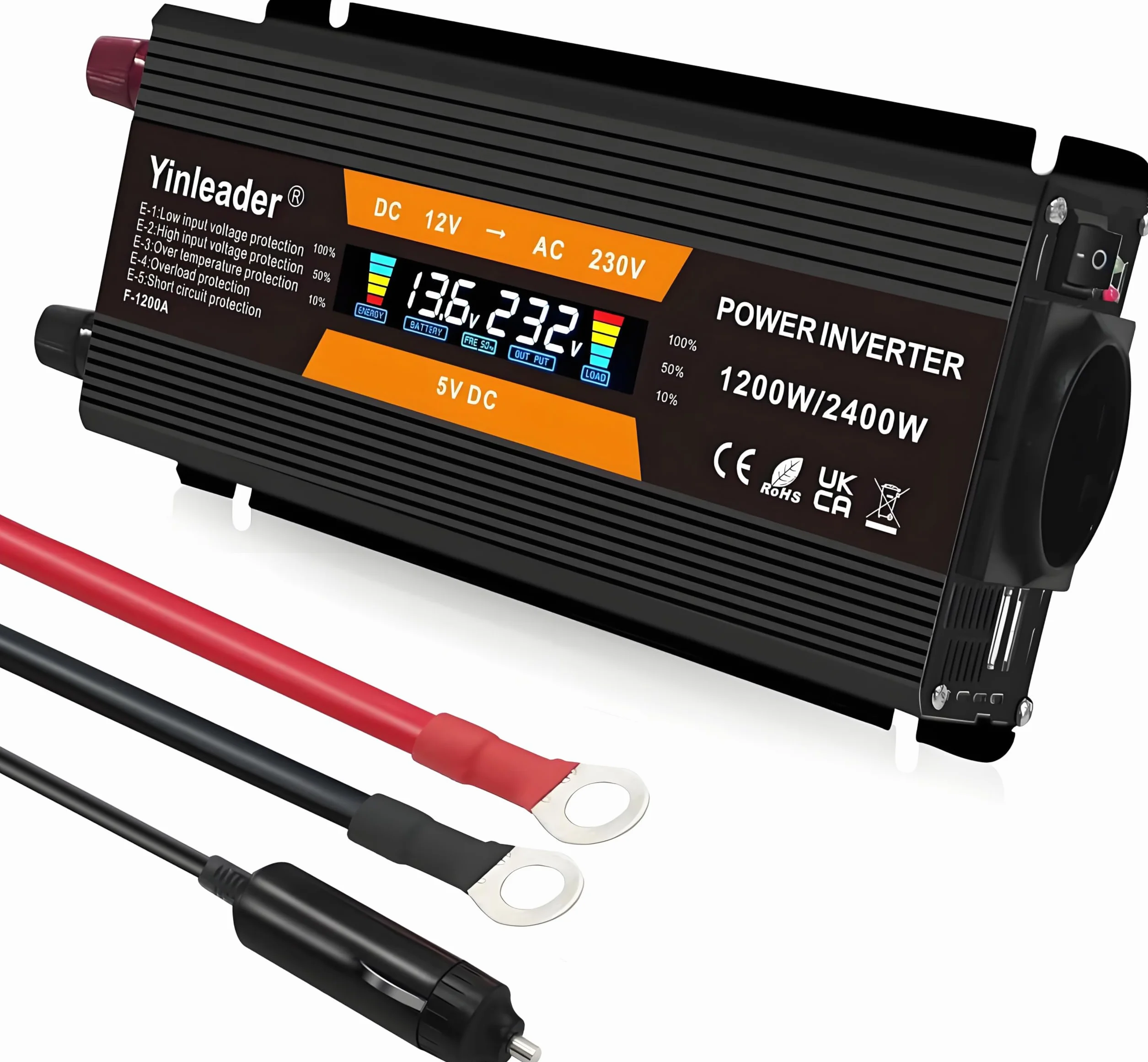 Yinleader Przetwornica napięcia 1200 W/2400 W 12 V 230 V falownik Dual USB Power Inverter z 1 gniazdem i wyświetlaczem LCD, do samochodu, przyczepy kempingowej, łodzi, na kemping, w podróży