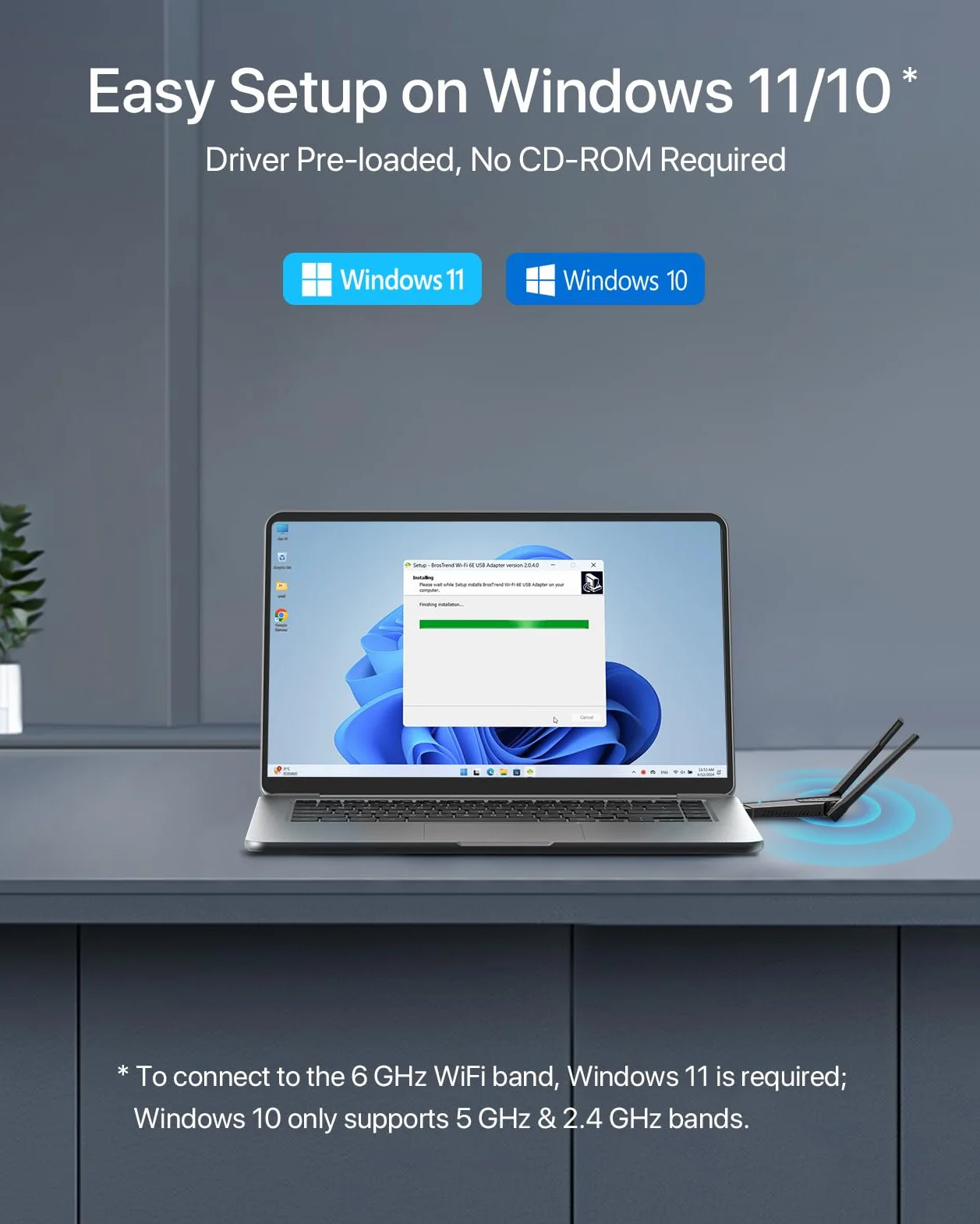 BrosTrend AXE5400 WiFi 6E adapter USB, Tri-Band USB WiFi adapter sieciowy do PC 6GHz 2402Mbps + 5GHz 2402Mbps + 2.4G 574Mbps, ultra niski latencji adapter WiFi do systemu Windows 11/10