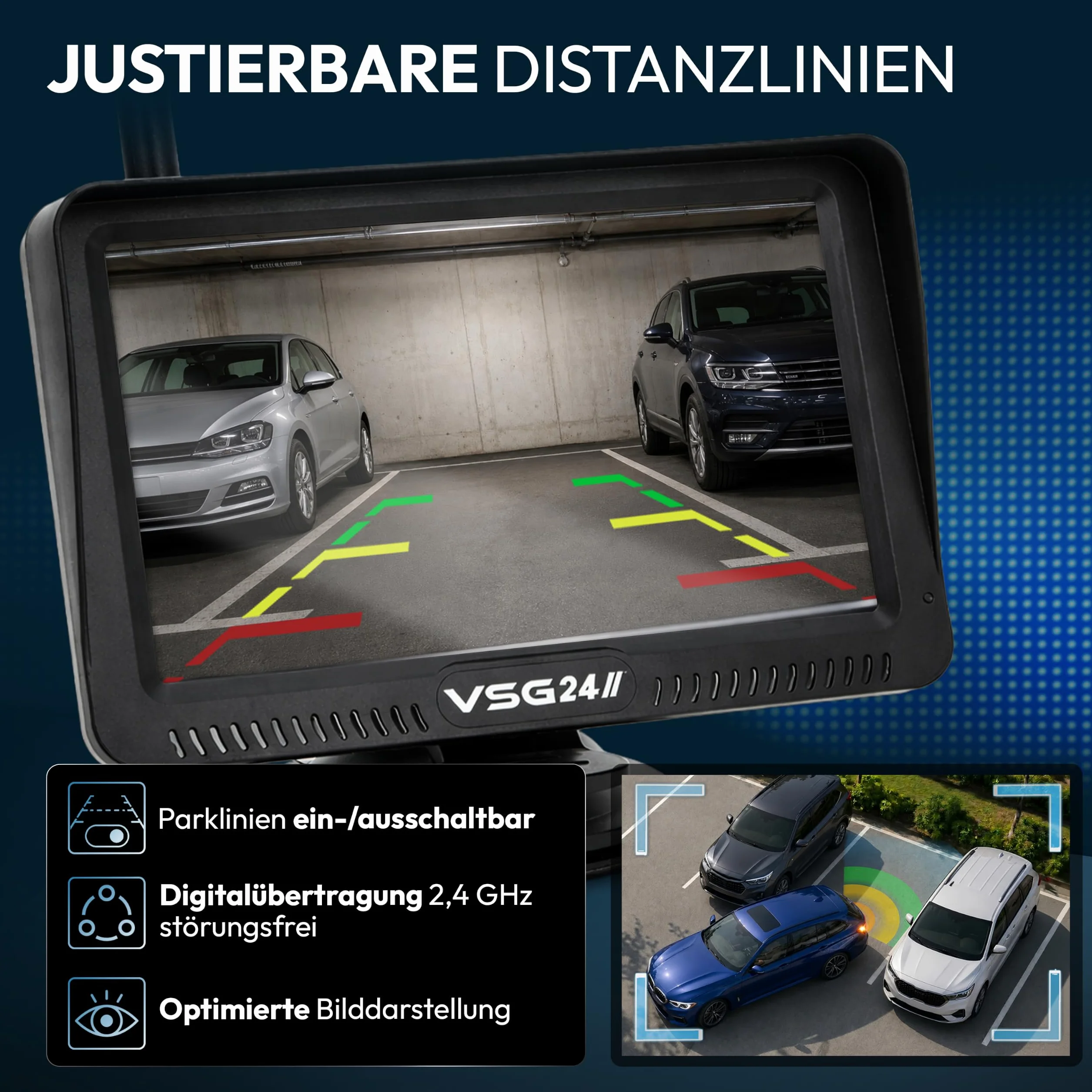 VSG 24 24146 – 4,3" radiowy system cofania do samochodów osobowych, zestaw kamer RVS, rozdzielczość 600TV, widoczność w nocy, kąt 120°, 12V, dopuszczenie do ruchu elektronicznego, IP68 - czarny