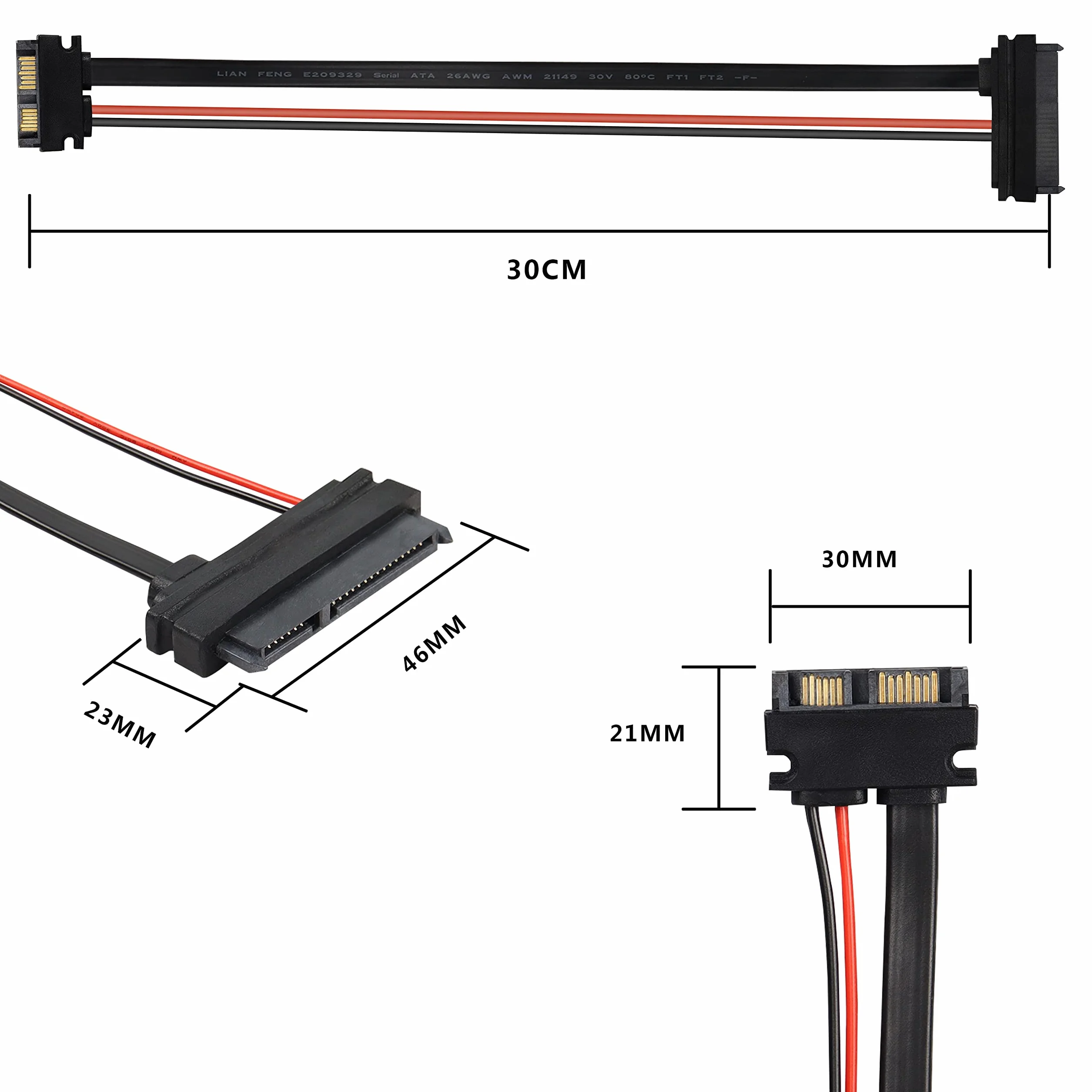 Slimline SATA 13-biegunowa wtyczka na 22-stykowe gniazdo SATA, adapter kablowy, Slimline Serial ATA 7+6-biegunowy na SATA 7+15-biegunowe złącze przedłużające do 2,5-calowego HDD, SSD i laptopa CD-ROM