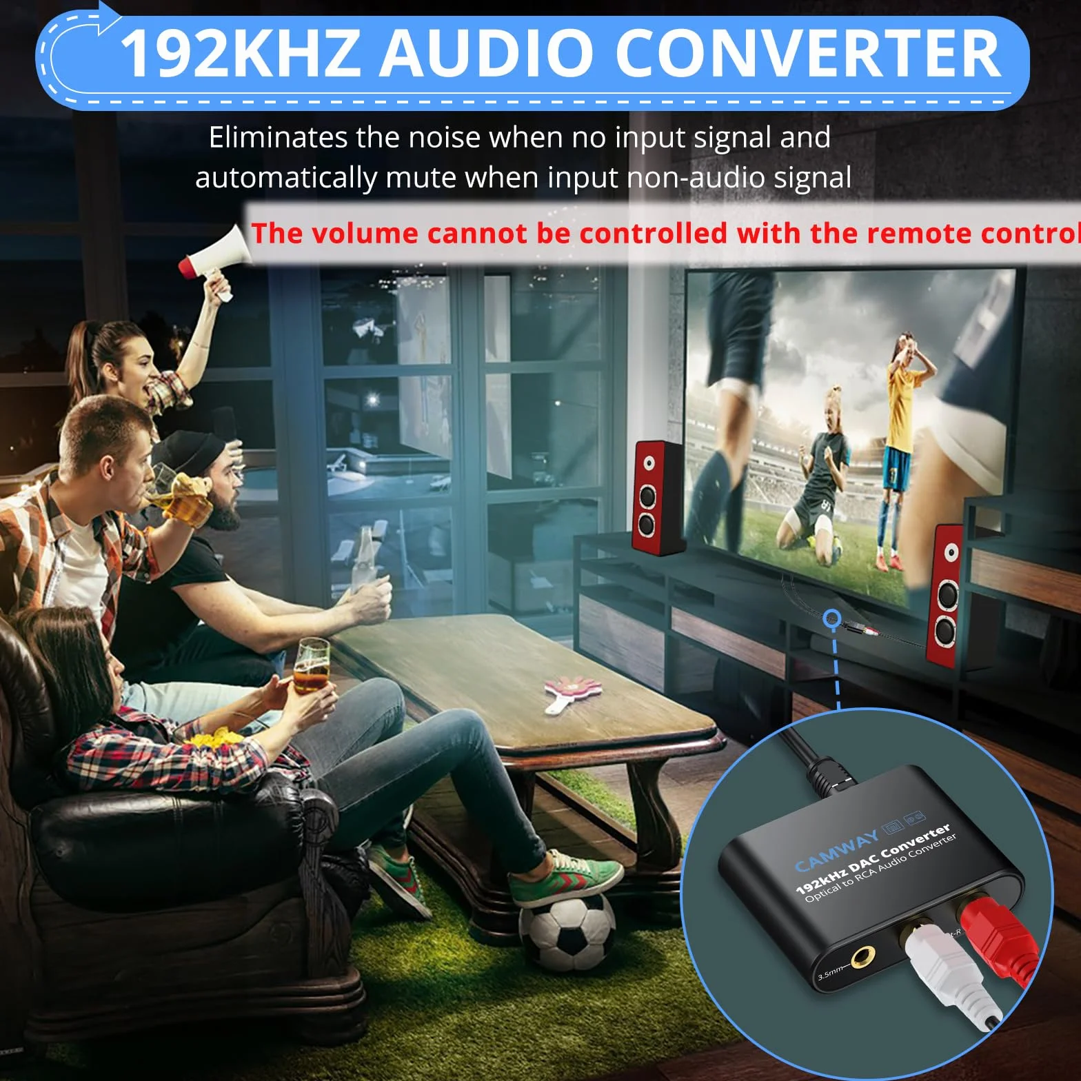 Przetwornik DAC, CAMWAY 192 kHz DAC cyfrowy na analogowy, konwerter audio, SPDIF optyczny Toslink do analogowego RCA Audio 3,5 mm adapter z kablem optycznym 1 m, konwerter DAC do TV, DVD, Blu-ray Xbox