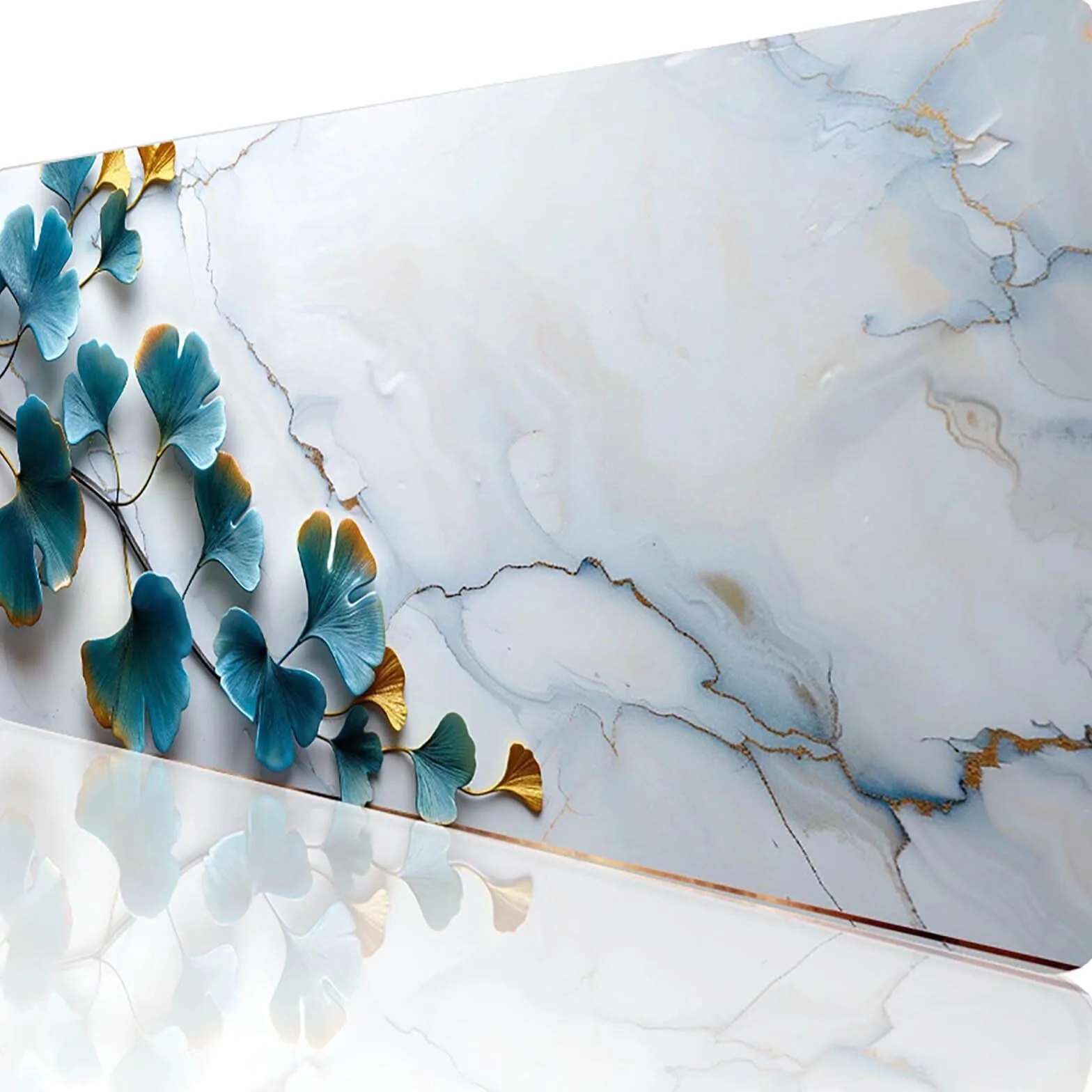 Niebieska podkładka pod mysz z liśćmi XXL 1400 x 600 x 3 mm podkładka pod mysz do gier akcesoria biurowe, zmywalna, antypoślizgowa guma, wysoka precyzja i szybkość, pod biurko ręczne dla gracza 1-6-1