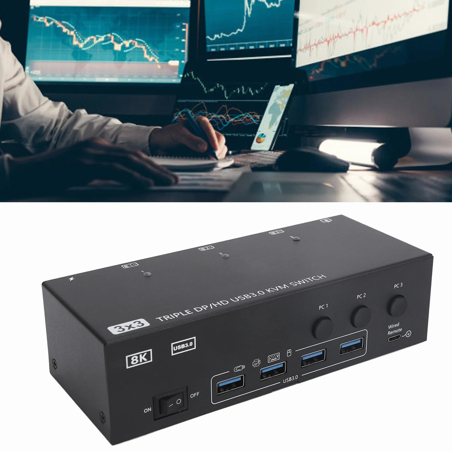 Przełącznik KVM USB 3.0 3 Wyświetla Komputery DisplayPort 8K 60 Hz 4K (Wtyczka UE)