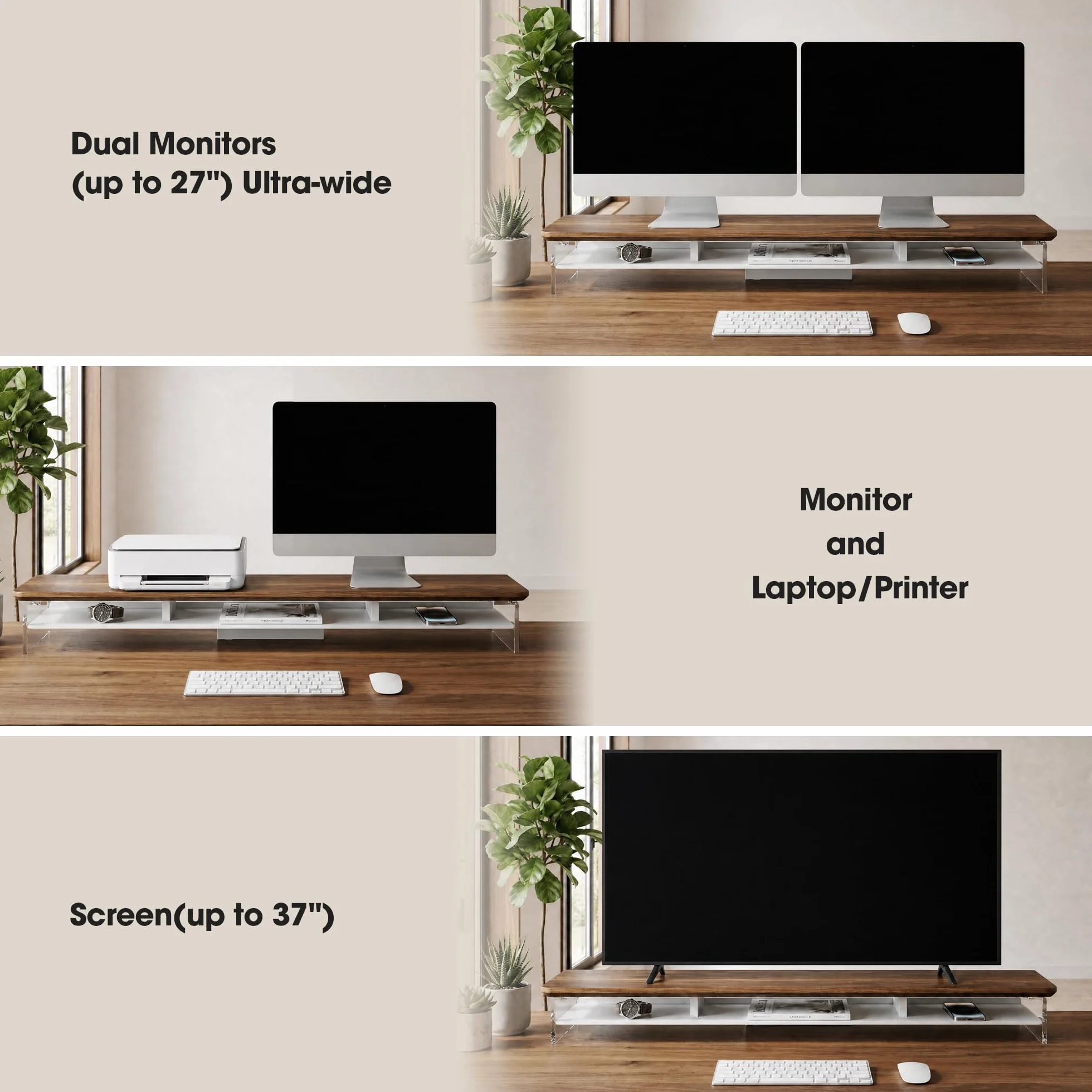 Fenge Akrylowy stojak na monitor Riser 108 cm, duży podwójny stojak na monitor z metalowym regałem, akcesoria biurkowe do laptopa/komputera/drukarki/ekranu TV, nośność 45 kg, brązowy