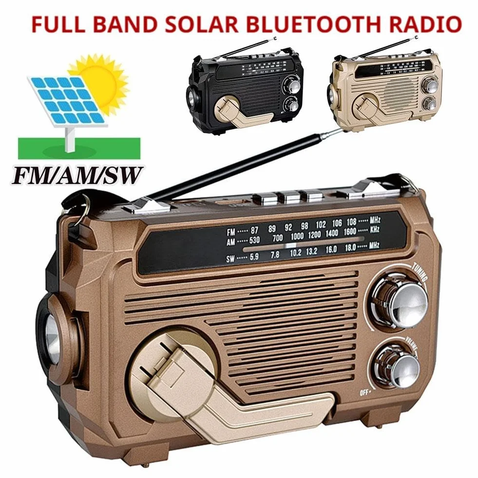 Radio z korbą ręczną do ładowania słonecznego, przenośne radio survivalowe FM/AM/SW, radia awaryjne, ładowalne, wielokanałowe radio o niskiej mocy, Bluetooth 5.2, głośnik odtwarzacz muzyczny, obsługa