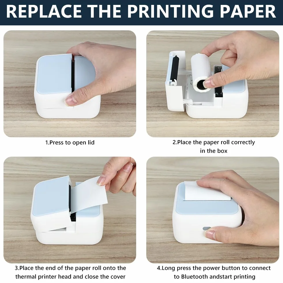 OFFCUP Mini drukarka Mini drukarka fotograficzna z 5 rolkami papieru Przenośna mini drukarka termiczna Drukarka kieszonkowa Drukarka Bluetooth do smartfonów z systemem iOS i Androidem do notatek