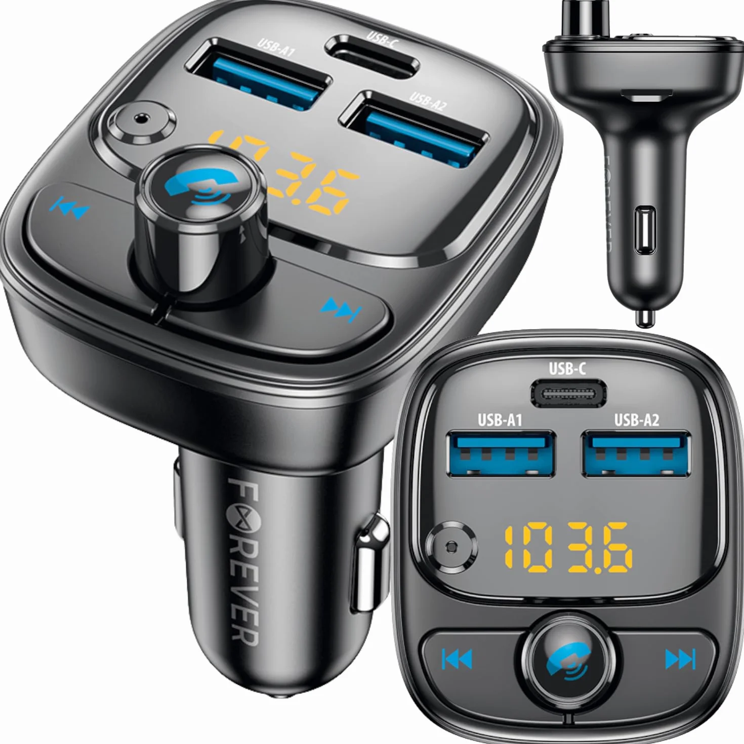 FOREVER Transmiter FM Bluetooth 5.0, samochodowy adapter radiowy z 3 portami ładowania (2x USB-A, 1 x USB-C), zestaw głośnomówiący, nadajnik radiowy do samochodu Bluetooth, samochodowy odtwarzacz muzy