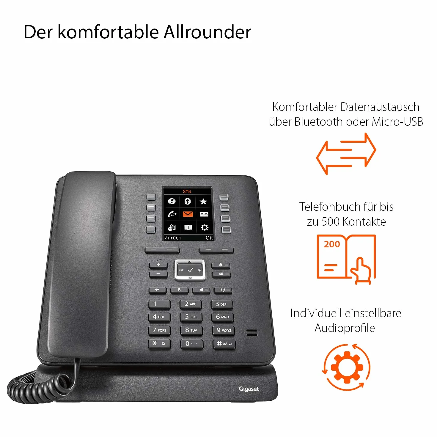 Gigaset T480HX – telefon biurkowy do bezprzewodowego podłączenia do podstawy DECT lub routera – duży kolorowy wyświetlacz – wymiana danych przez Bluetooth i micro USB – duża książka telefoniczna,
