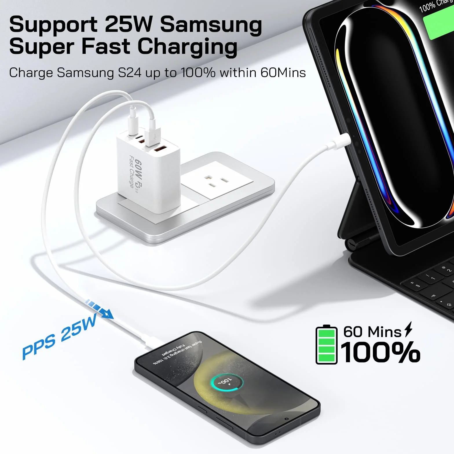 Blok szybkiej ładowarki USB C, 60 W, 5-portowa ładowarka ścienna USB C, 30 W, blok ładowania typu C, 2 USB C+3USB A PPS/PD 3.0 wieloportowa kostka ładująca do iPhone'a 16 15 14 13 Pro Max, do Galaxy