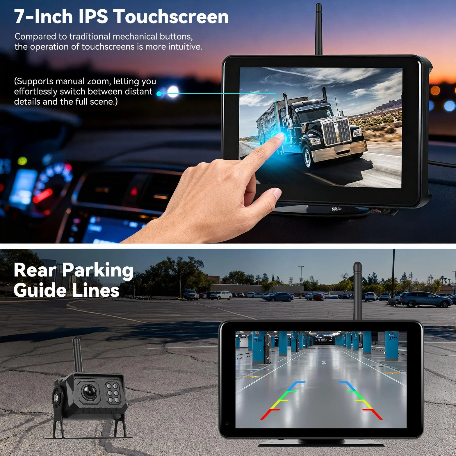 CAMECHO bezprzewodowa kamera cofania 7″ z monitorem IP68 wodoszczelna z widzeniem nocnym zoom ręczny do przodu/tyłu podział ekranu wykrywanie ślepych stref