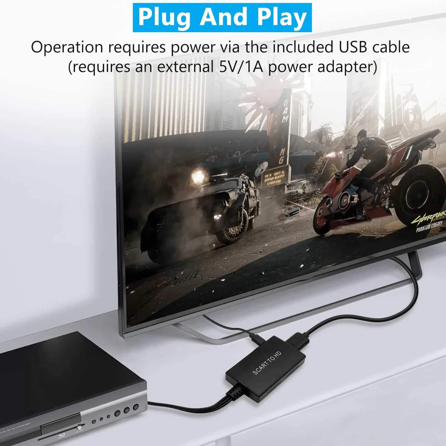 Adapter konwertera Scart na HDMI z kablem HDMI i Scart + zasilacz USB, konwerter wideo HD na Audio 1080P/720P do HDTV/DVD/PS3/Xbox/VHS